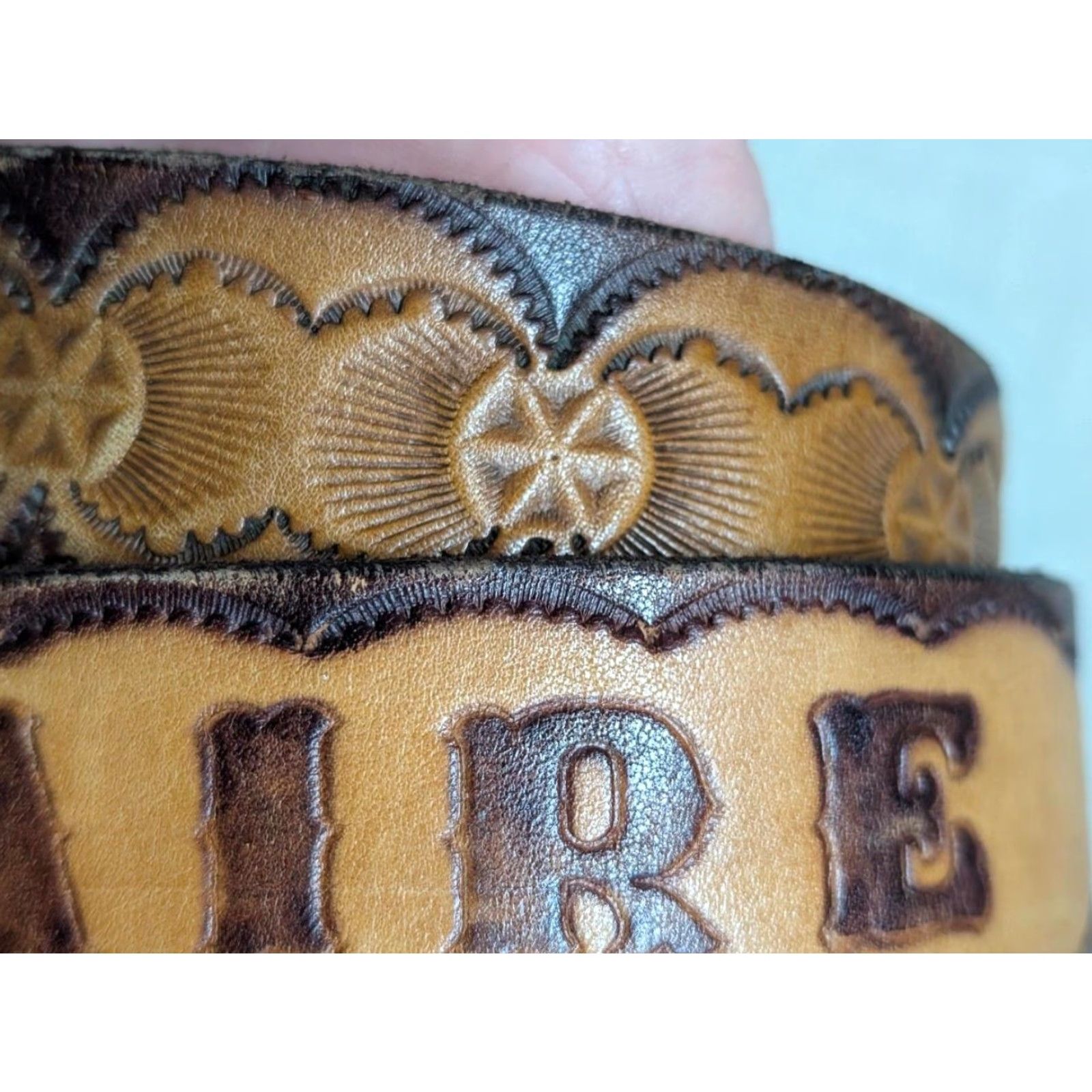 Vintage VINTAGE LeCLAIRE WESTERN Belt 36 Leather Brown Geometric Handcrafted Tooled Buckle Mens Adult 36 Brown Leather Full Grain 1-1/2" Western Belt Mens Size 36 - 4 Thumbnail