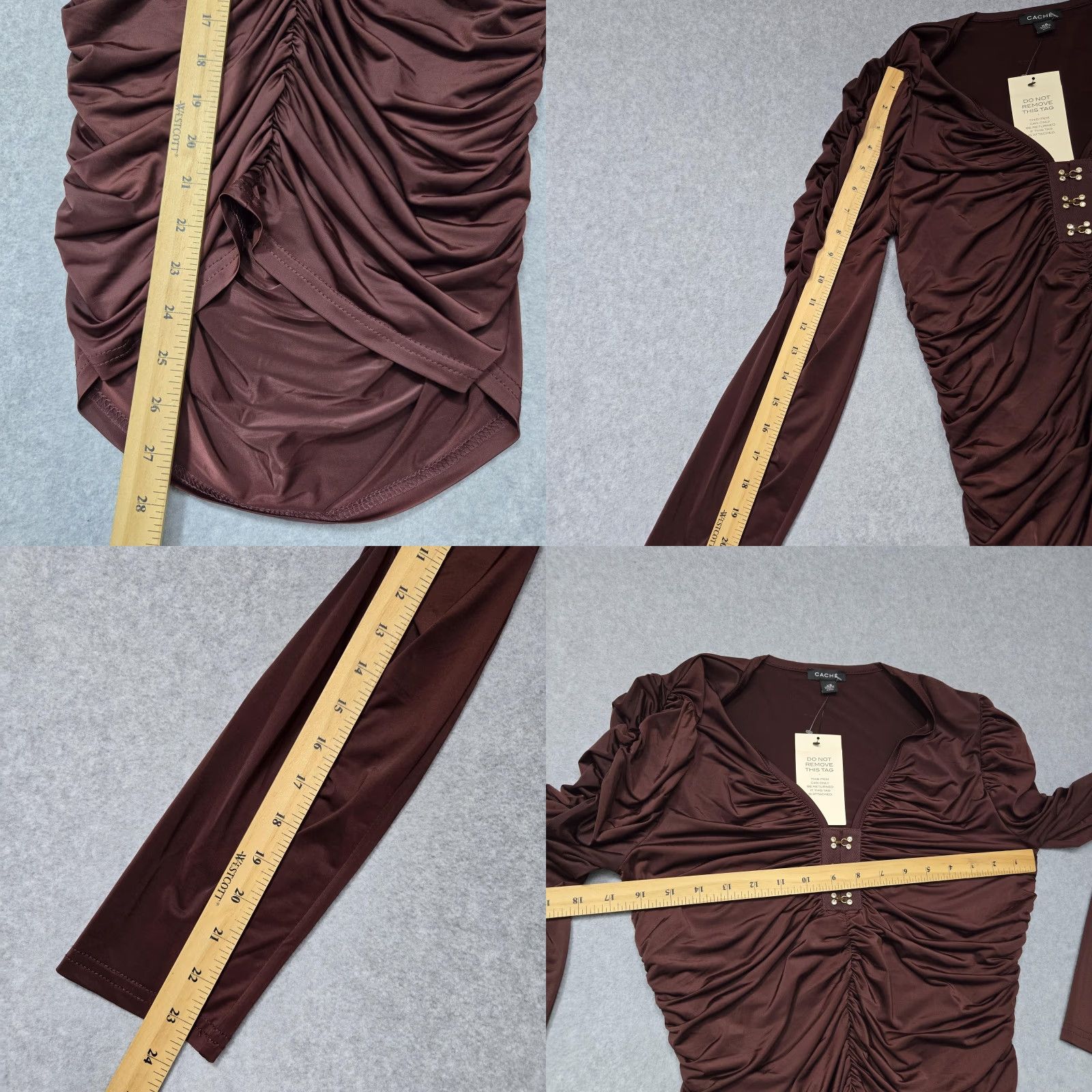 Vintage Cache Top Womens XS Brown Ruched Long Sleeve V Neck Stretch Blouse Dressy New Size XS / US 0-2 / IT 36-38 - 8 Thumbnail