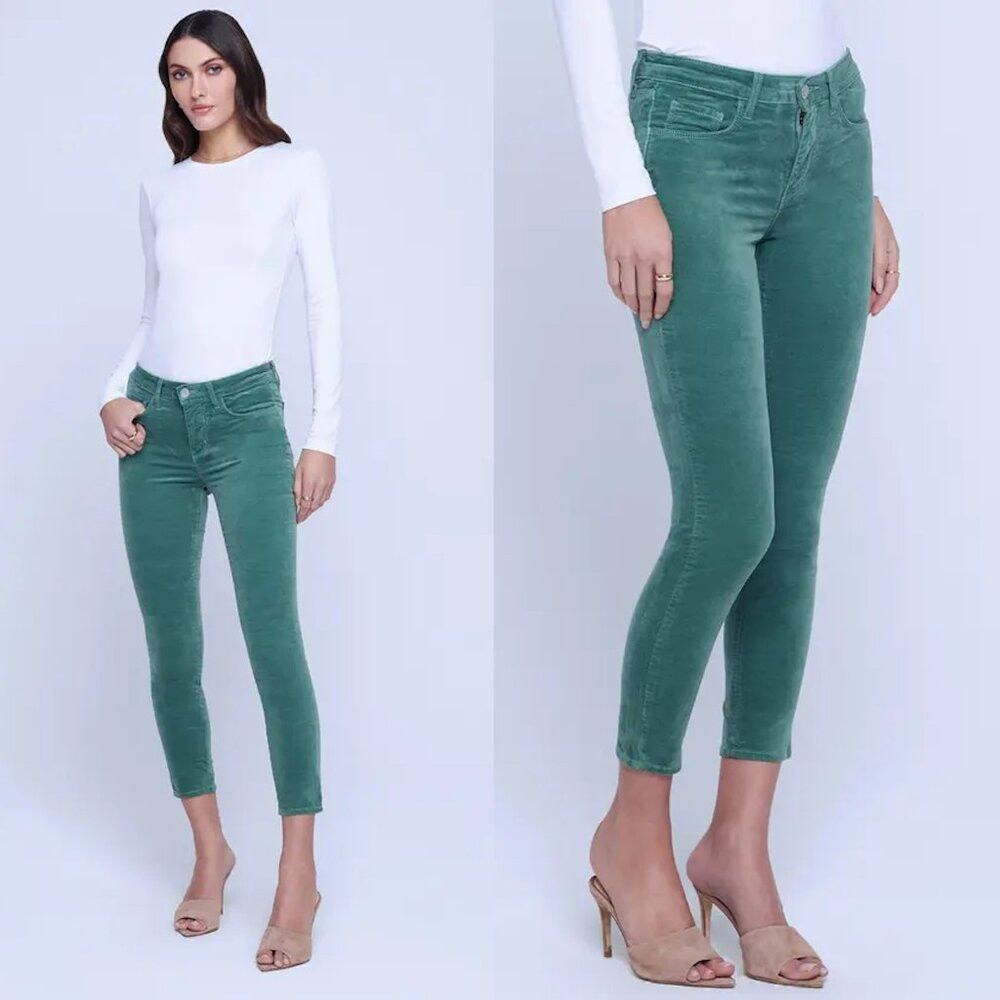 L'AGENCE NWT New $265 L'AGENCE Margot Velvet Crop Skinny FROSTY SPRU Size 24" / US 00 / IT 34 - 1 Thumbnail