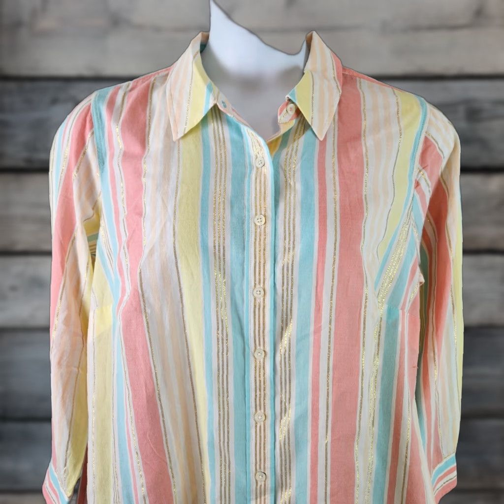 Talbots Talbots Womens Button Up Top Sz 1X Pink Blue Stripe Long Sleeve Cotton Blend Button-Up Shirt Womens Plus 1X Pink Stripe Vintage No (adjusted) Size XL / US 12-14 / IT 48-50 - 1 Thumbnail