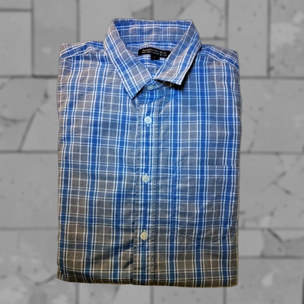 Banana Republic Slim Fit Dress Shirt Mens M Gray Blue White Check Long  Sleeve Cotton
