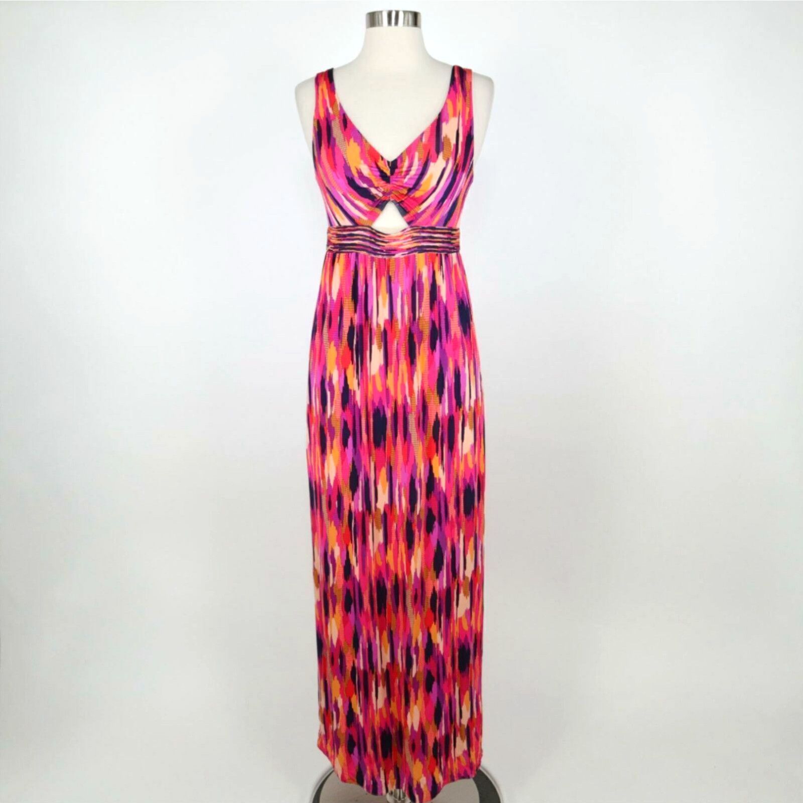 image of Trina Turk Maxi Dress Margery 2 Ikat Pink Purple Sleeveless Cut-Out Jersey in White, Women's (Size 