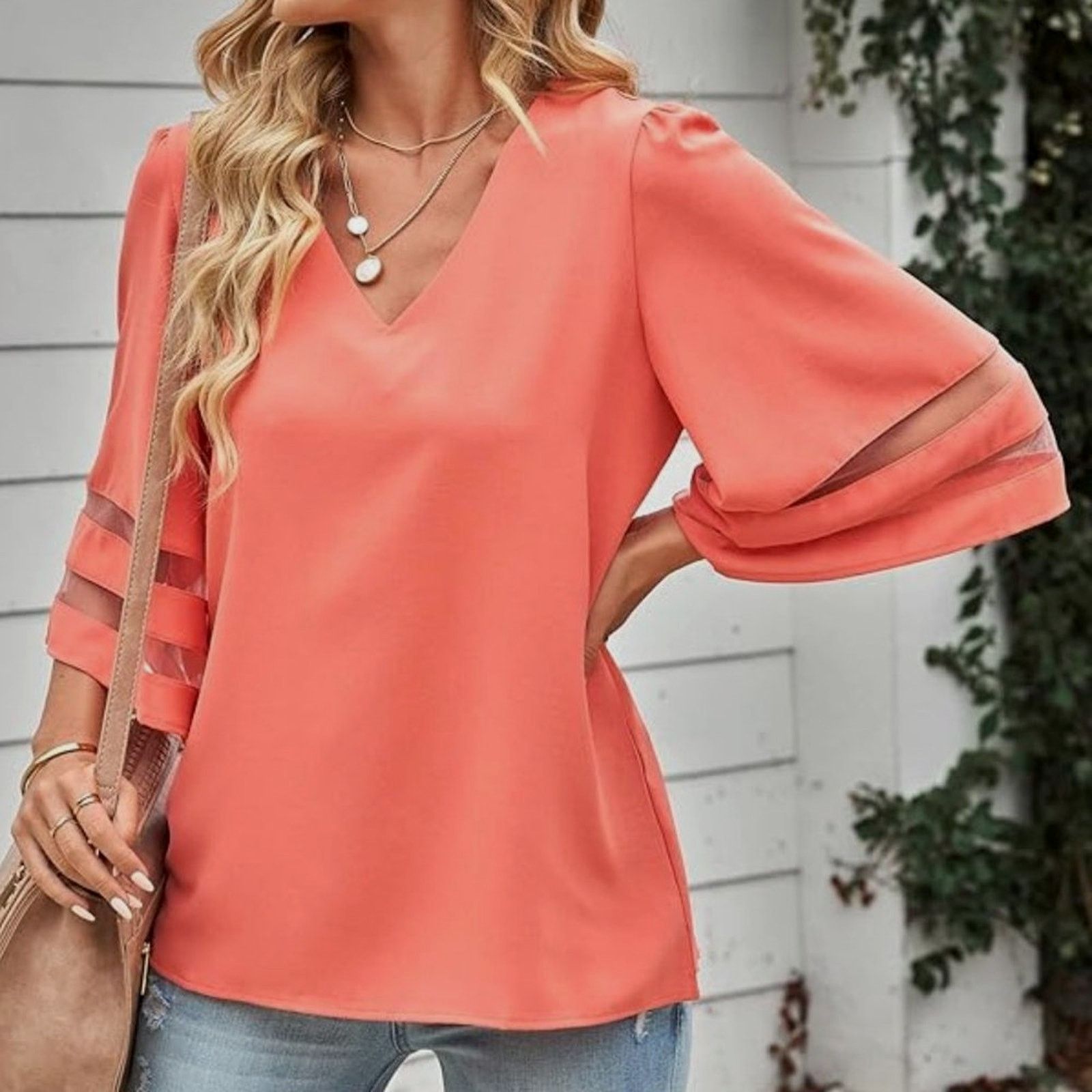 Other Casual V Neck 3/4 Bell Sleeve Mesh Panel Blouse Coral XL Size XL / US 12-14 / IT 48-50 - 3 Thumbnail