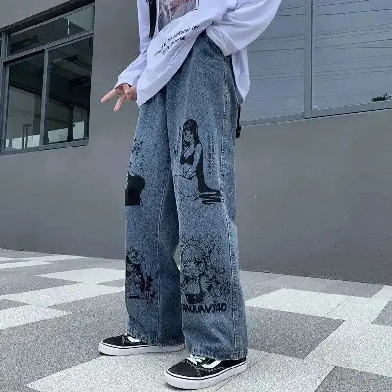 Japanese Brand Unisex jeans graffiti print Korean American hip-hop style Size US 32 / EU 48 - 3 Thumbnail