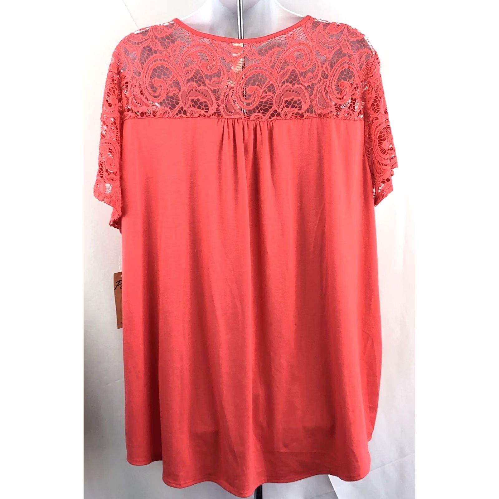 Vintage Per Seption Blouse Shirt Coral Short Sleeve Keyhole Neck 3X Lace Knit Polyester Blend Women’s NWT Size XXL / US 16-18 / IT 52-54 - 3 Thumbnail