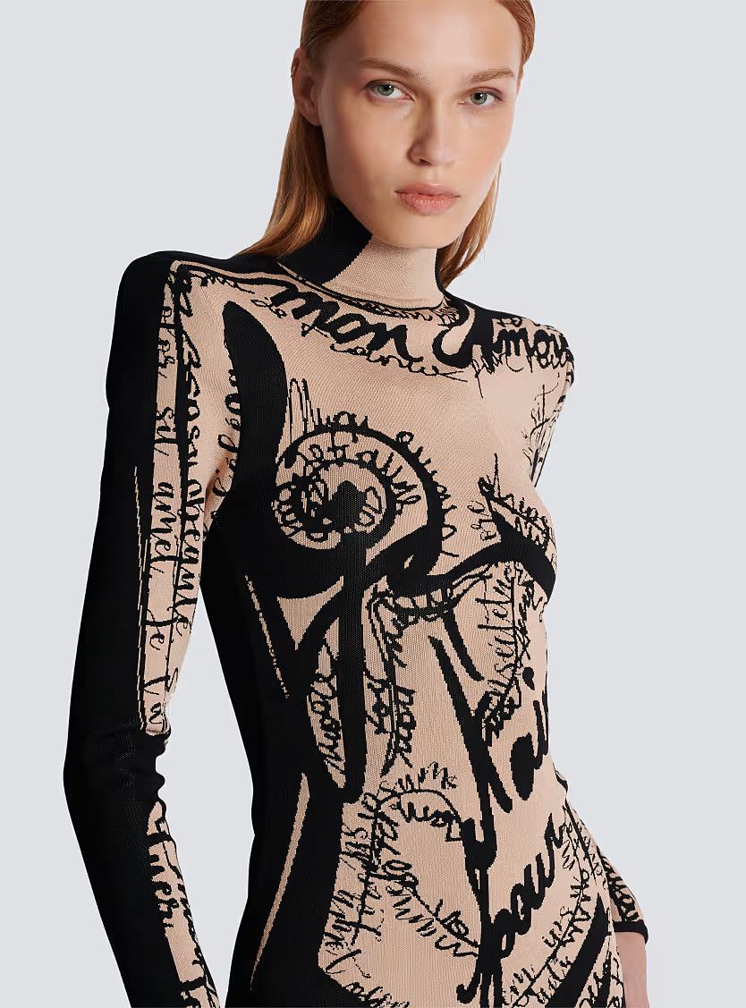 Balmain o1s1wg111225 Long Knit Dress With Body Motif in Beige Size M / US 6-8 / IT 42-44 - 6 Thumbnail