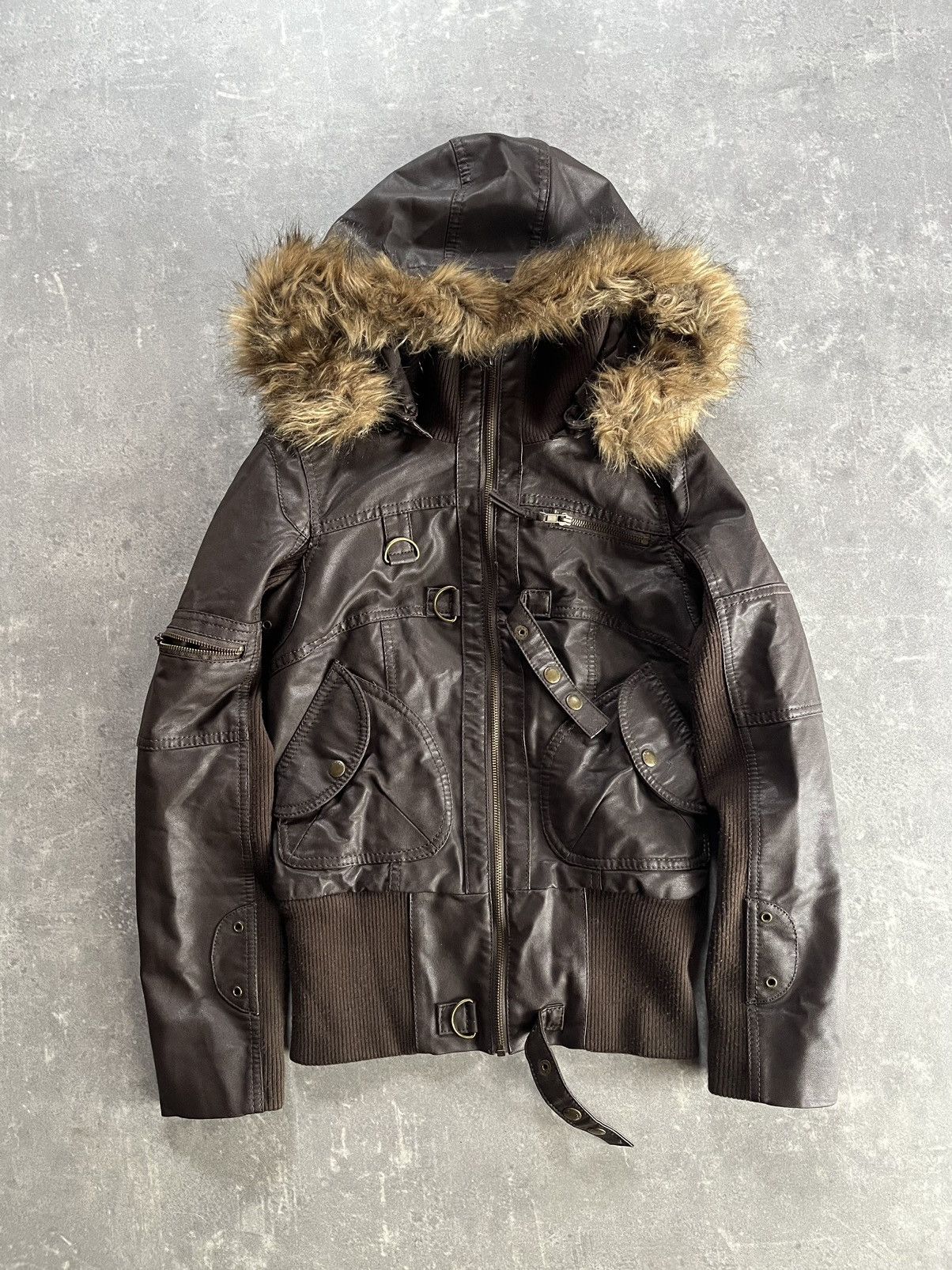 00s Faux Fur Hooded Y2K Bondage Straps Bomber Jacket XS