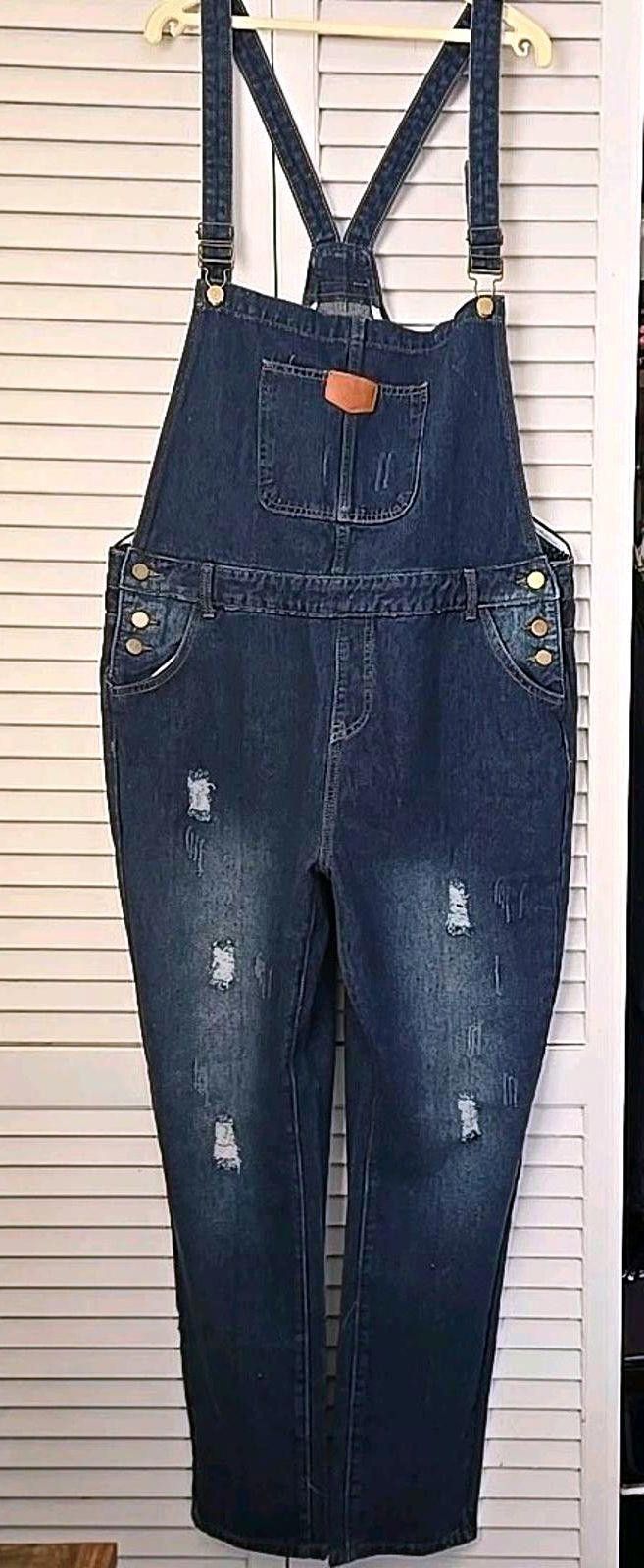 The Unbranded Brand JEANS Denim Overalls Women's Size XL Medium Wash Distressed Size 40" / US 18 - 1 Thumbnail