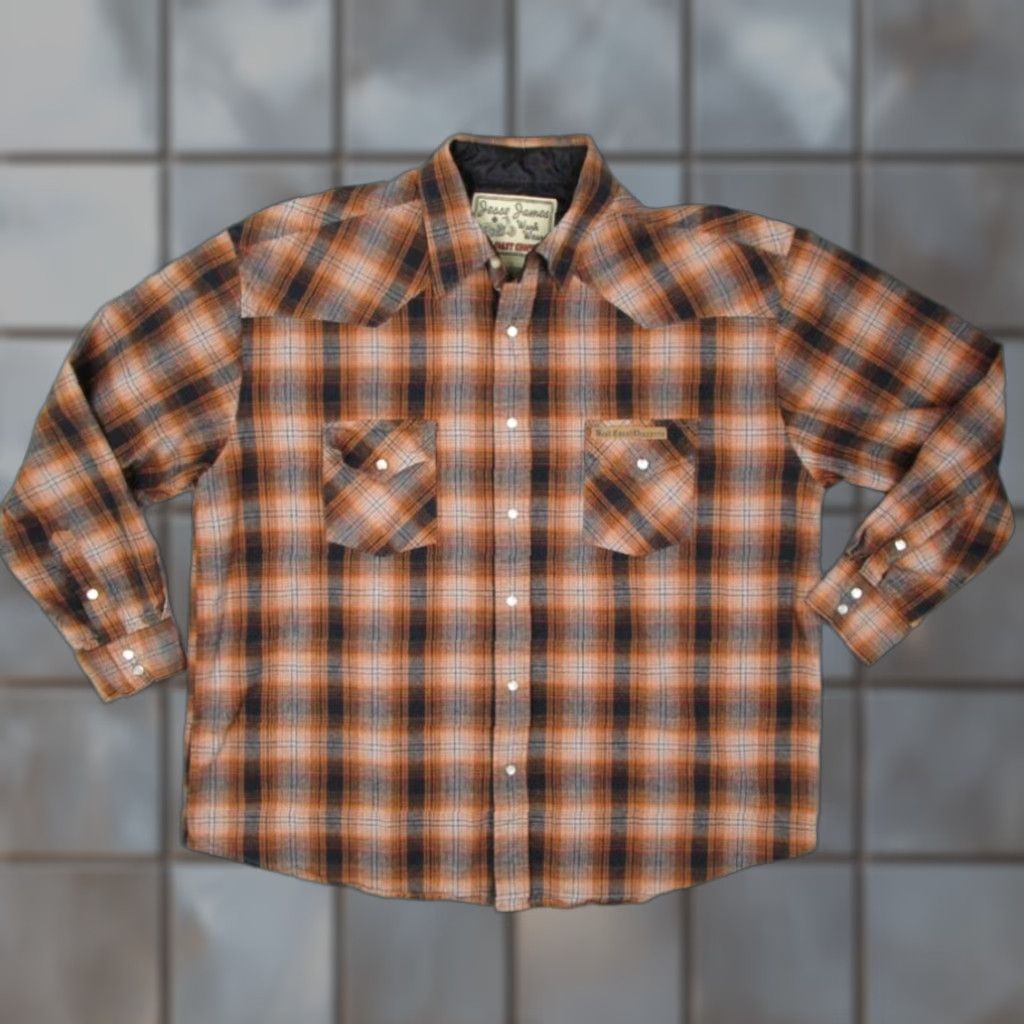 Jesse James Flannel Shirt Men's XL Brown Long Sleeve Button Up Pearl Snap Western Style