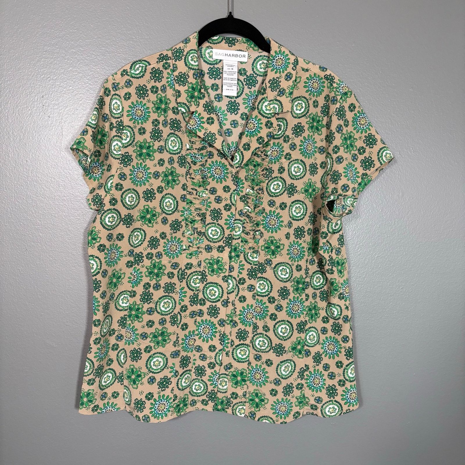 Other Sag Harbor Tan & Green Geometric Floral Button Up Top Size XXL / US 16-18 / IT 52-54 - 1 Thumbnail