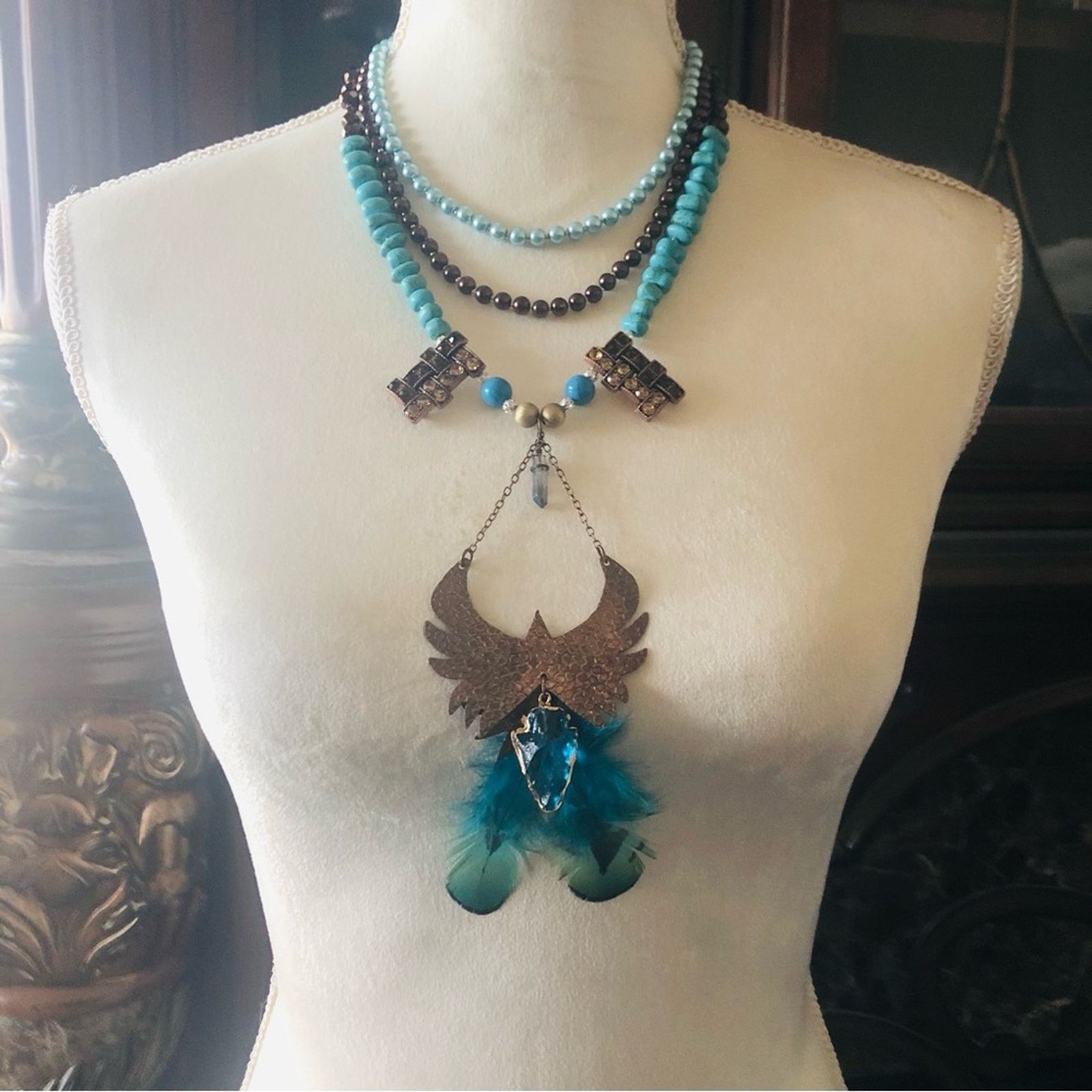 Handmade Handcrafted copper eagle Czech Pearl howlite necklace Size ONE SIZE - 5 Thumbnail