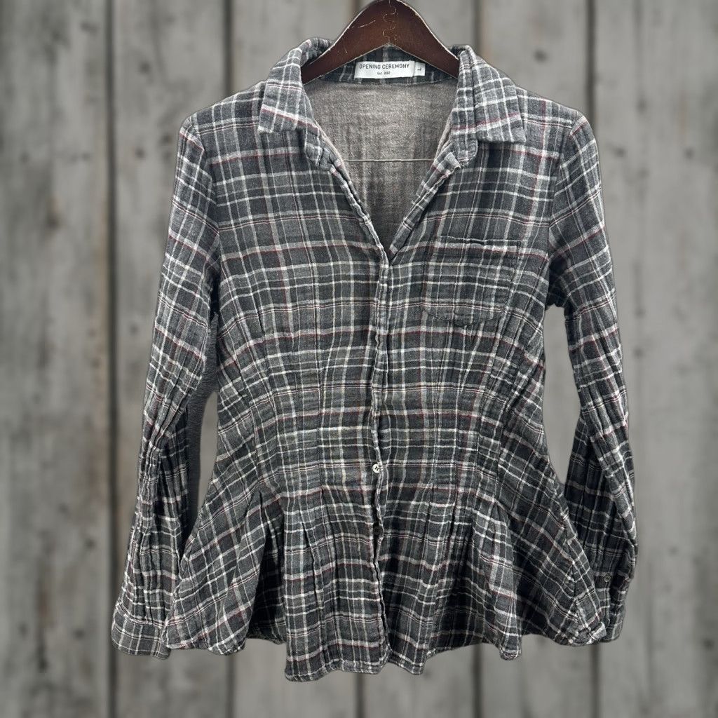Opening Ceremony Opening Ceremony Peplum Blouse Womens Large Gray Plaid Muslin Quiet Luxury Cottage Size L / US 10 / IT 46 - 1 Thumbnail