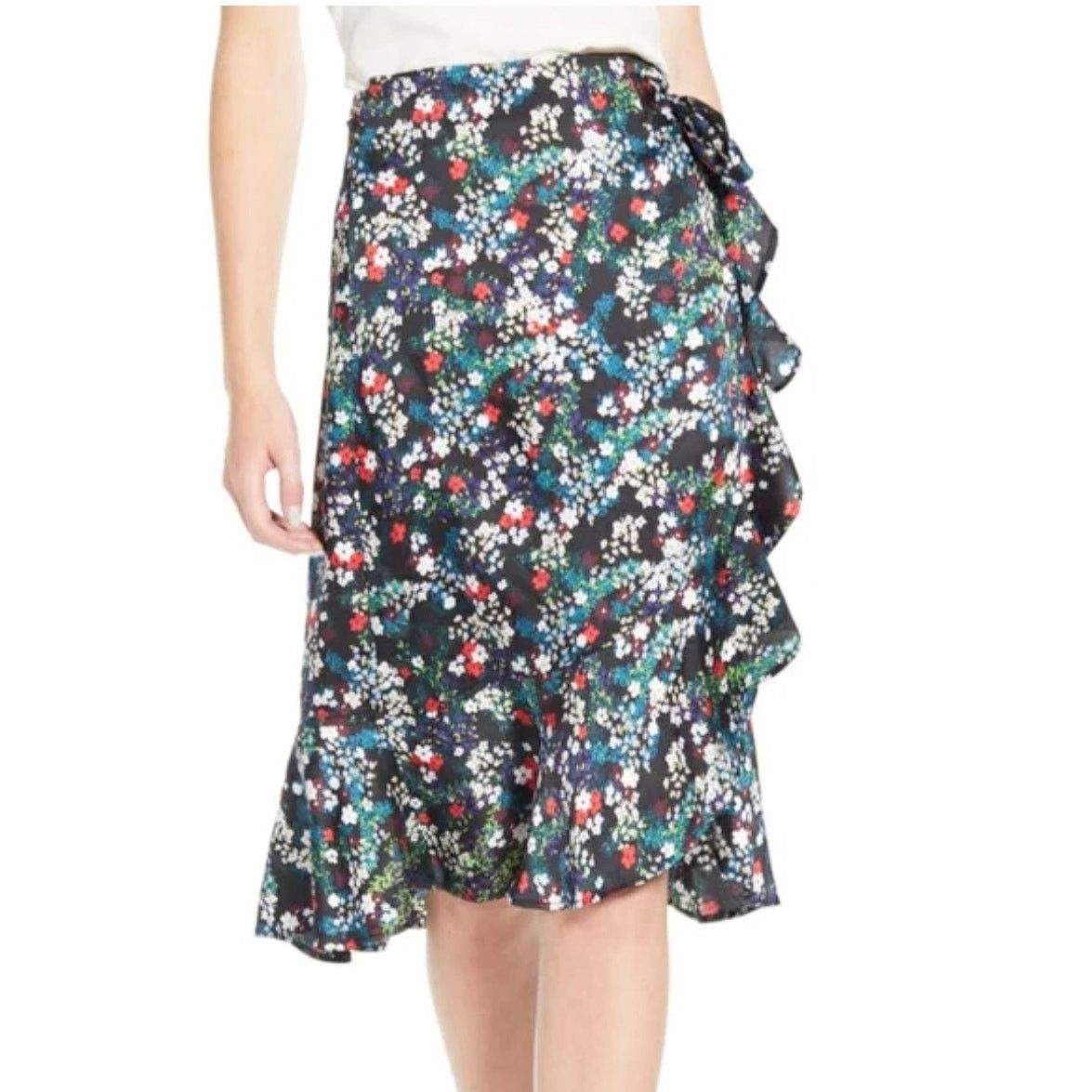 Rebecca Minkoff Rebecca Minkoff Zoe Black Floral Print Ruffled Wrap Skirt Size 36" / US 14 / IT 50 - 1 Thumbnail