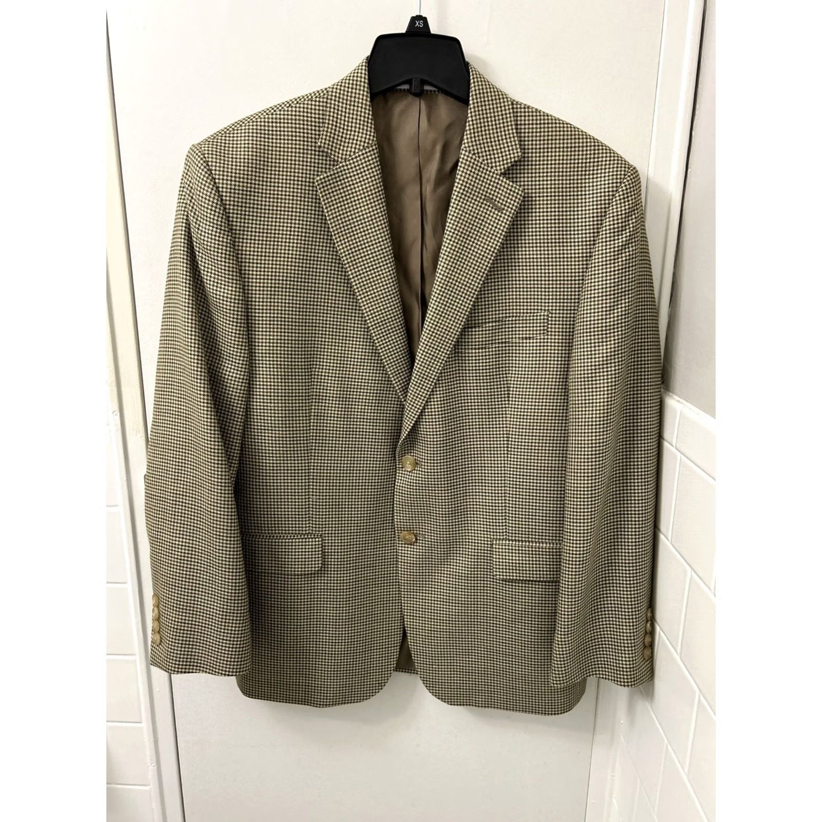 Ralph Lauren VINTAGE Lauren Ralph Lauren Blazer Mens 40S Brown Houndstooth Wool Silk Blend Jacket Coat Regular Notch Two-Button Front Size 40R - 2 Thumbnail