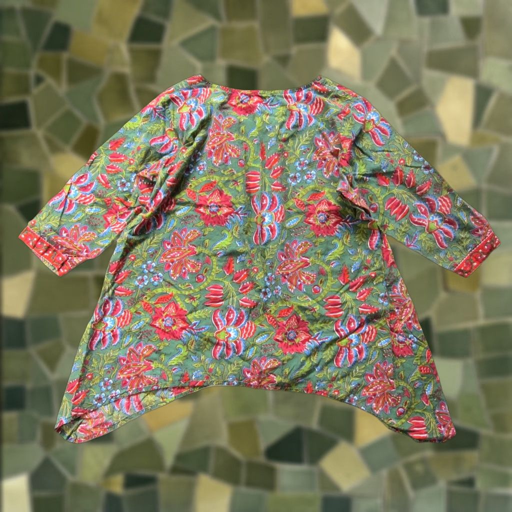 Pinko VINTAGE Signals Cotton Green Pink Blue Floral Paisley Asymmetric Tunic Peasant Blouse L Size L / US 10 / IT 46 - 1 Thumbnail