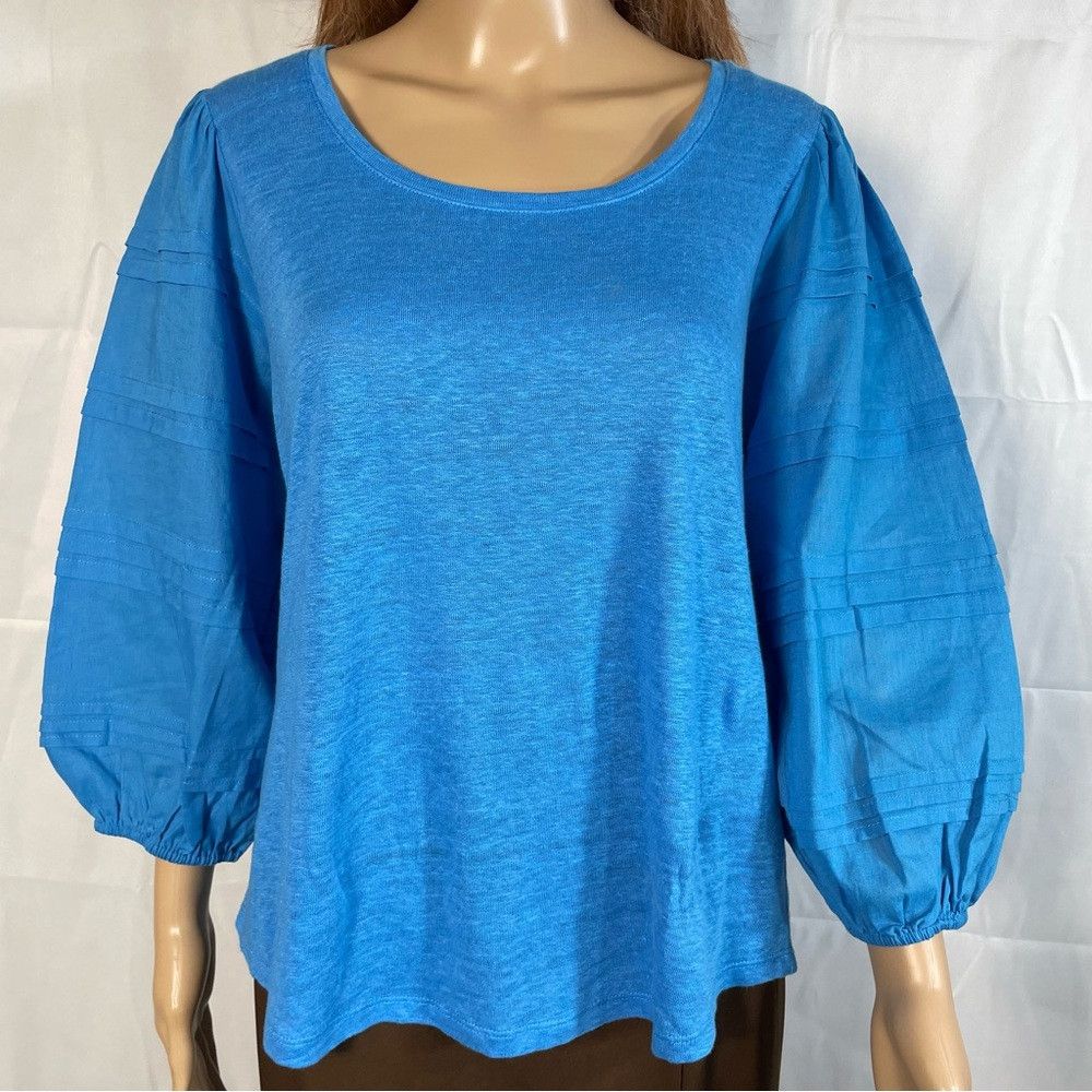 Chicos New Chico's Linen Detailed 3/4 Sleeve Blue Top Size 1 US M Size M / US 6-8 / IT 42-44 - 2 Thumbnail