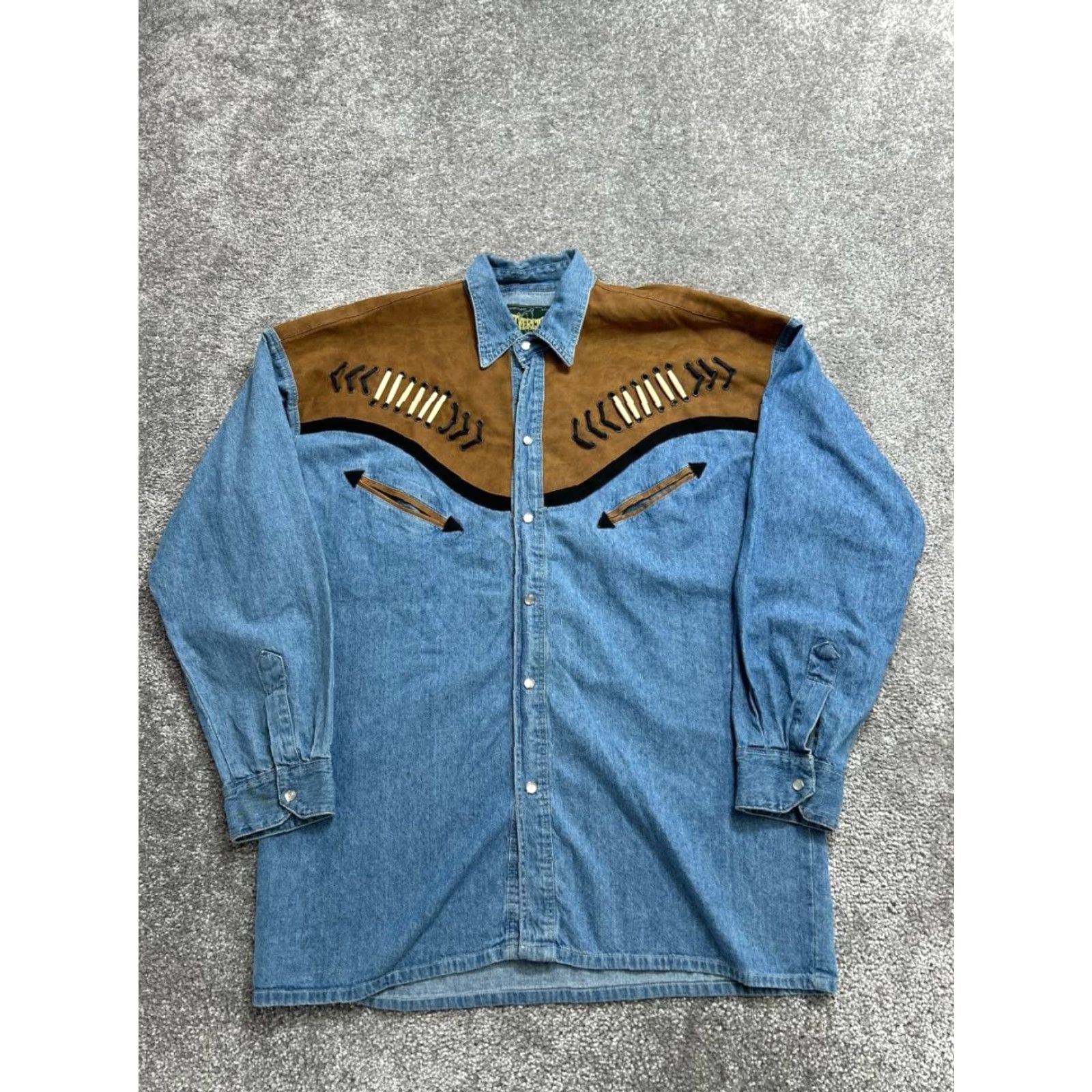 VINTAGE Rivergold Western Shirt Mens Large Denim Leather Effect Panel Cowboy Shirt