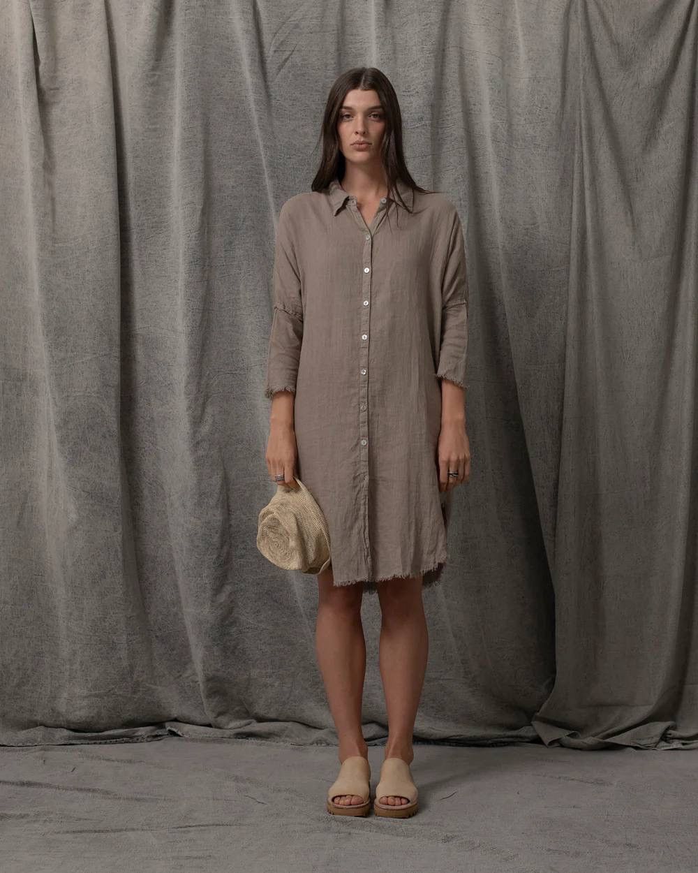 Other Lumoan Womens Grey Taupe Linen Button Down Tunic Shirt Dress Size S / US 4 / IT 40 - 1 Thumbnail