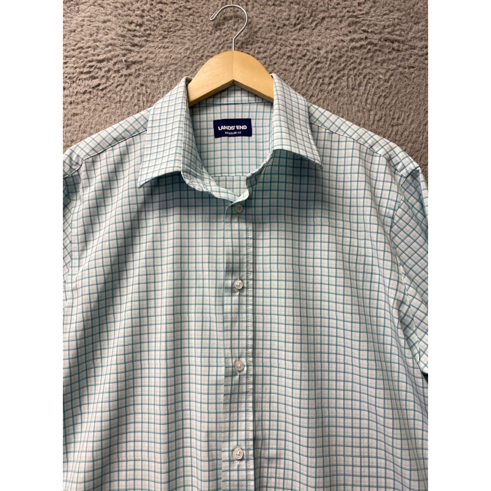 Lands' End Lands' End Shirt Mens Large Aqua Check Long Sleeve Button Performance /128-32 Size US L / EU 52-54 / 3 - 2 Thumbnail