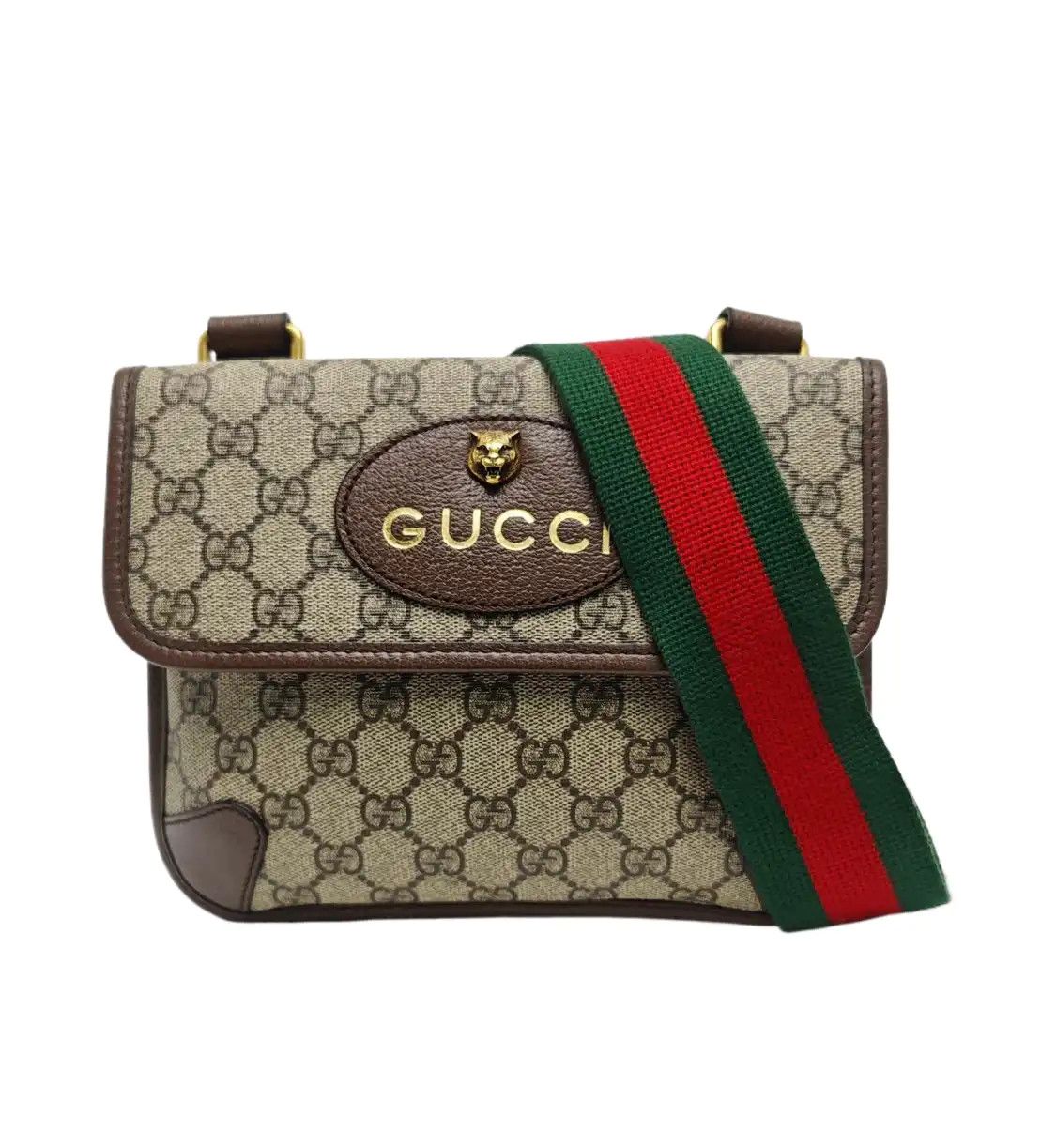 Gucci Neo Vintage Small Khaki Coated Canvas Monogram Tiger Lock Bag Crossbody Ba in Beige, Women's