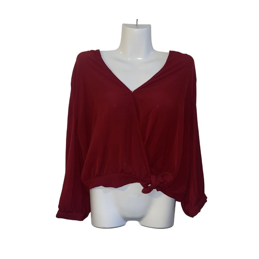 Other Burgundy Wrap Tie Crop Deep V-Neck Blouse SZ M Dressy Chic Size M / US 6-8 / IT 42-44 - 1 Thumbnail