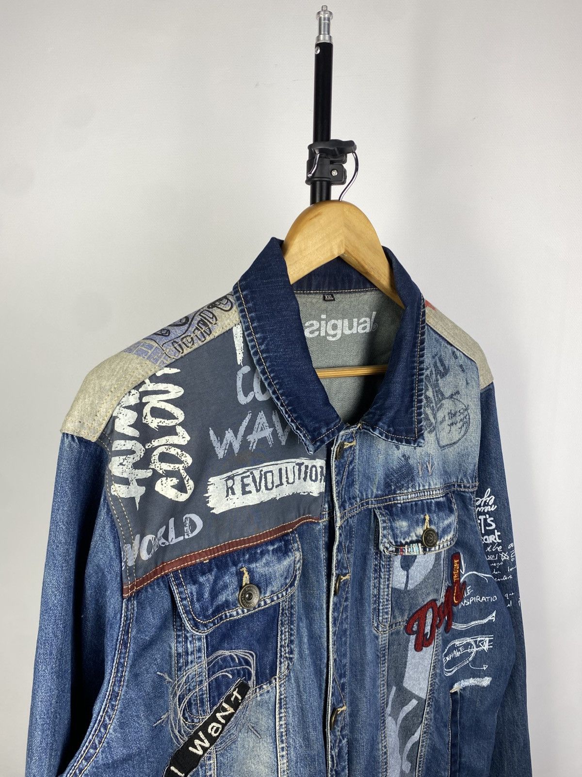 Desigual × Japanese Brand Vintage 90s Desigual patchwork denim faded jacket Size XXL / US 16-18 / IT 52-54 - 2 Thumbnail