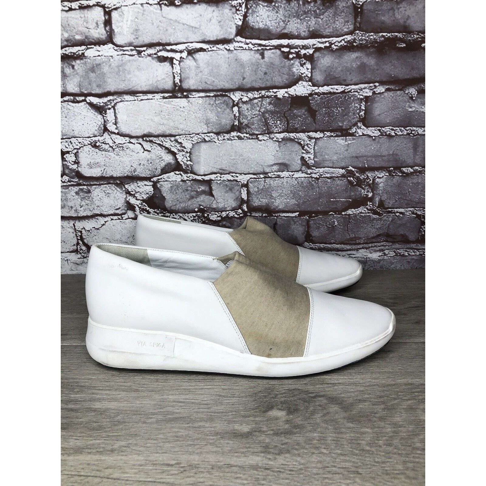 Other Via Spiga White Leather Beige Fabric Slip On Sneakers Women’ Size US 9.5 / IT 39.5 - 20 Thumbnail