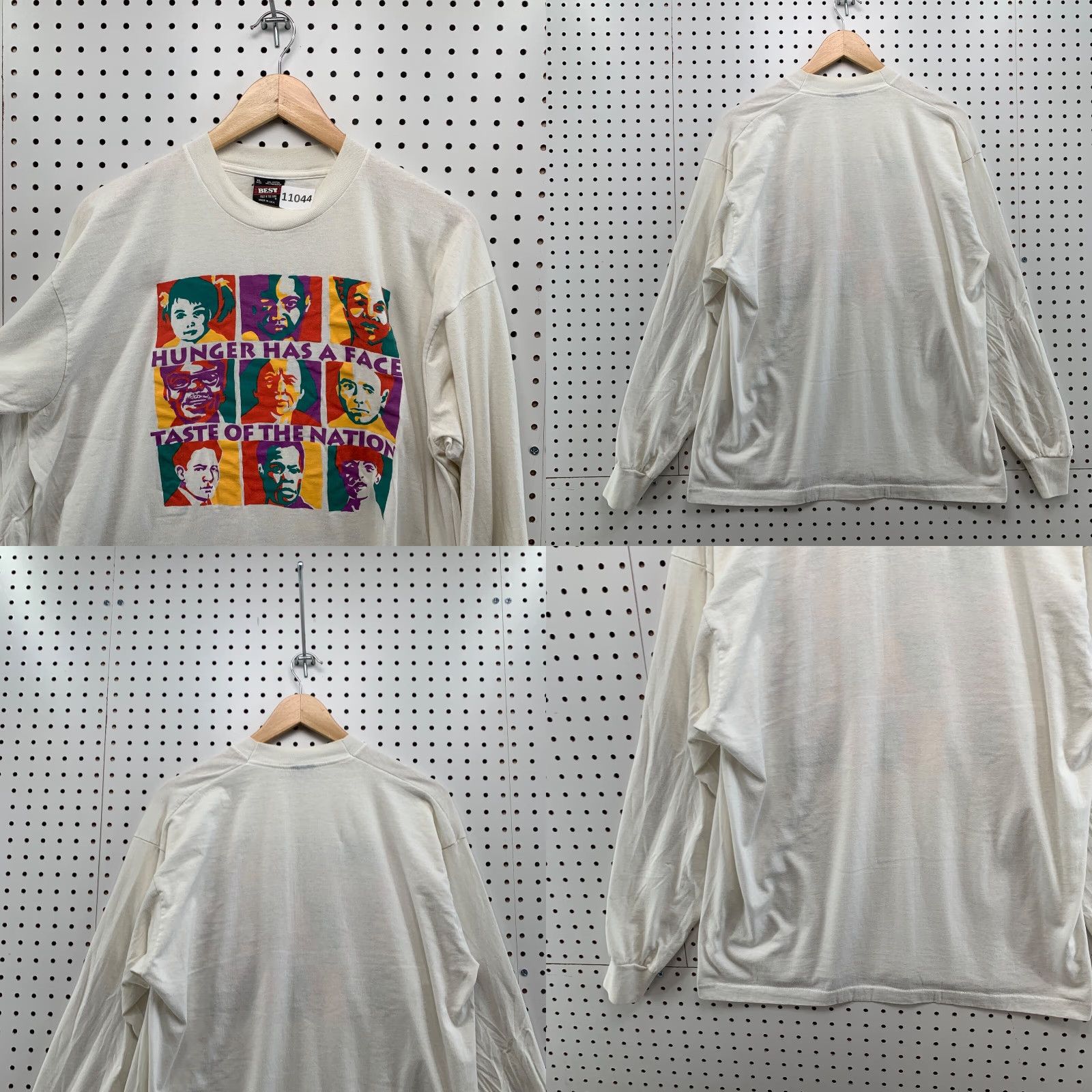 Fruit Of The Loom VINTAGE Hunger Has a Face Shirt Mens L White 90s Love Peace T-Shirt USA 22x29.5 Size US L / EU 52-54 / 3 - 9 Thumbnail
