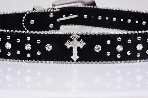 VIBE Black Cross Rivet Belt Engraved Buckle Rhinestone PU Belt Size ONE SIZE - 7 Thumbnail