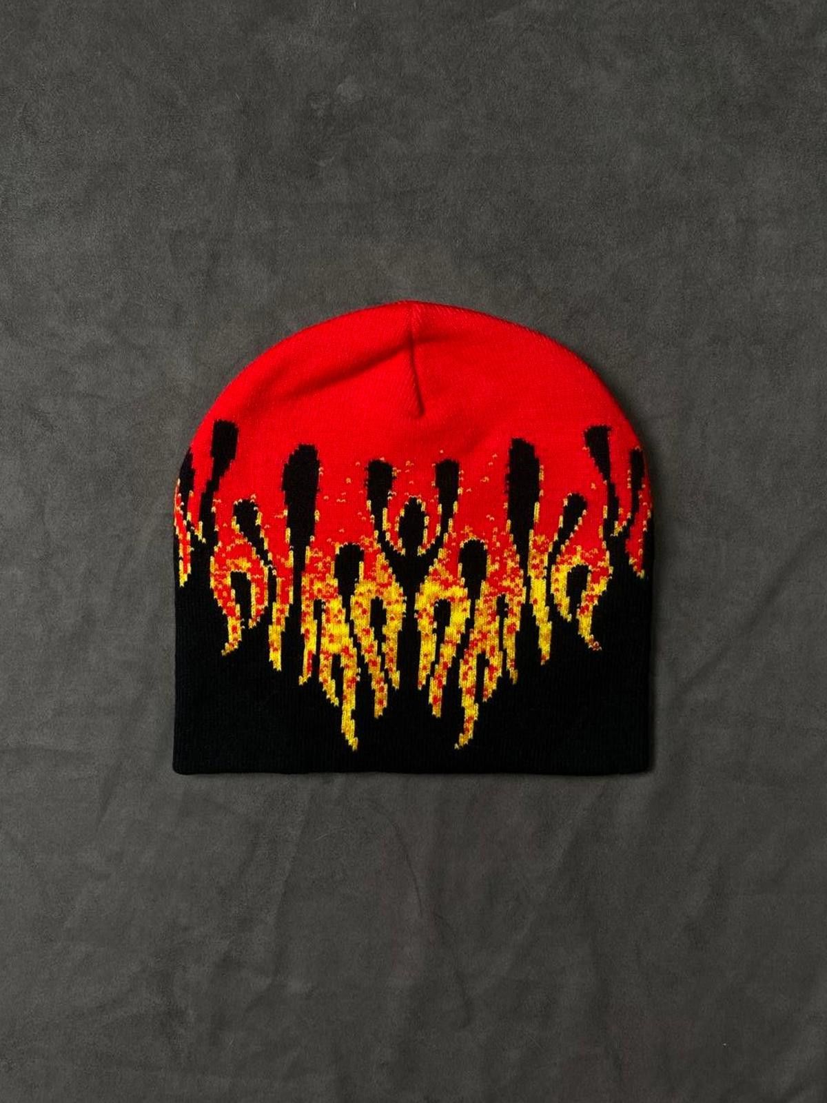 Japanese Brand Deadstock Flame Graphic No Cuff Knit Beanie Black Hat OS Size ONE SIZE - 1 Thumbnail