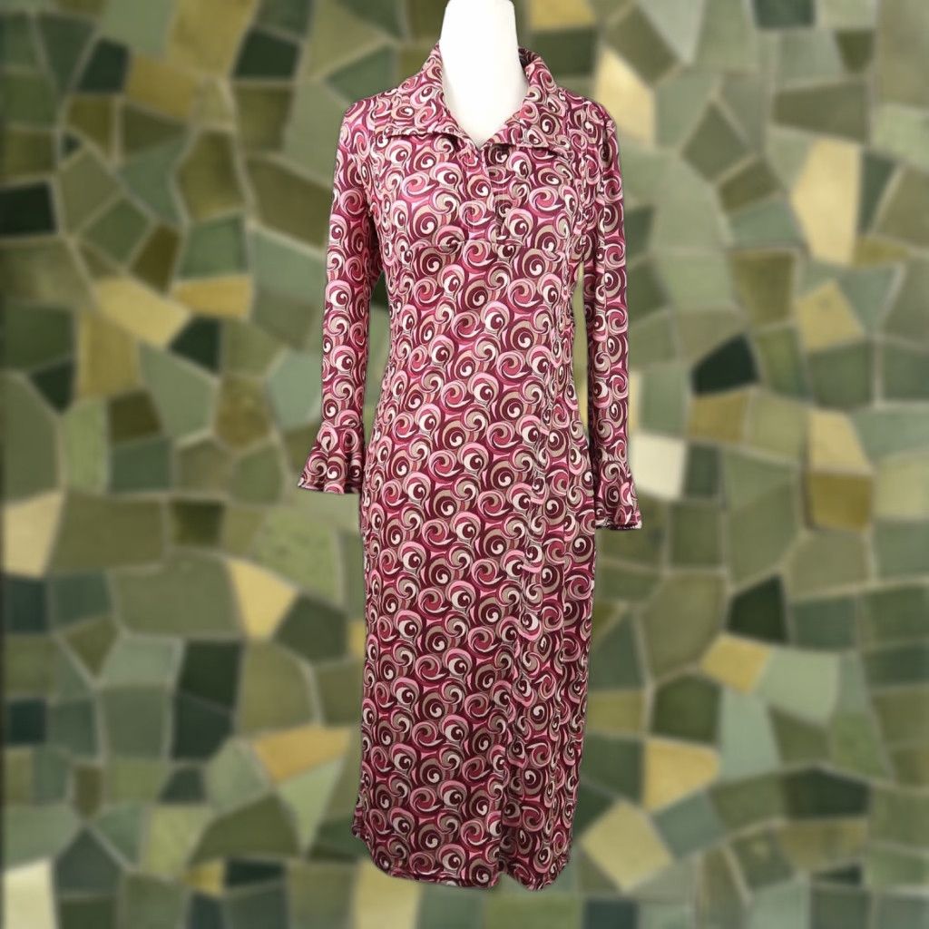 Vintage VINTAGE Ruby Shirt Dress M Midi Women 90s Pink Tan Geometric Swirl Print Collared Long Sleeve Workwear Party/Cocktail Fall Spring Womens Size M / US 6-8 / IT 42-44 - 1 Thumbnail