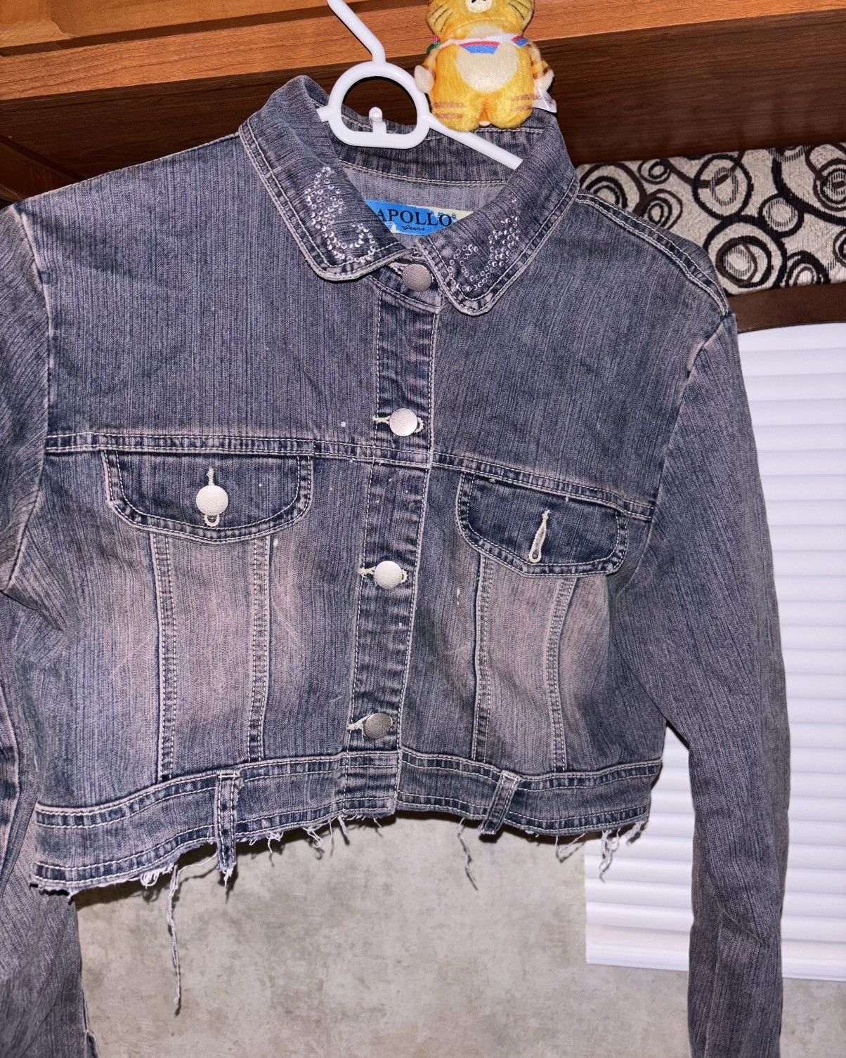 Apollo Vintage Rhinestone Motorcycle Cropped Denim Jacket Grunge Size L / US 10 / IT 46 - 6 Thumbnail