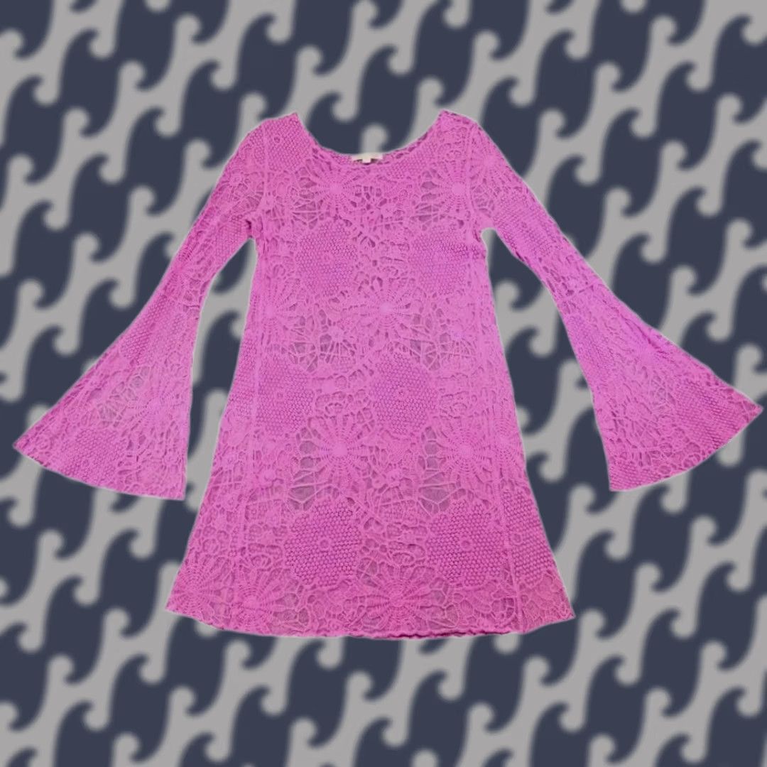 Bell GB Purple Crochet Lace Bell Sleeve Mini Dress Y2K Boho Barbiecore Small Women Bell Sleeve Crochet Lace Floral Round Neck Short Dress Size S / US 4 / IT 40 - 1 Thumbnail