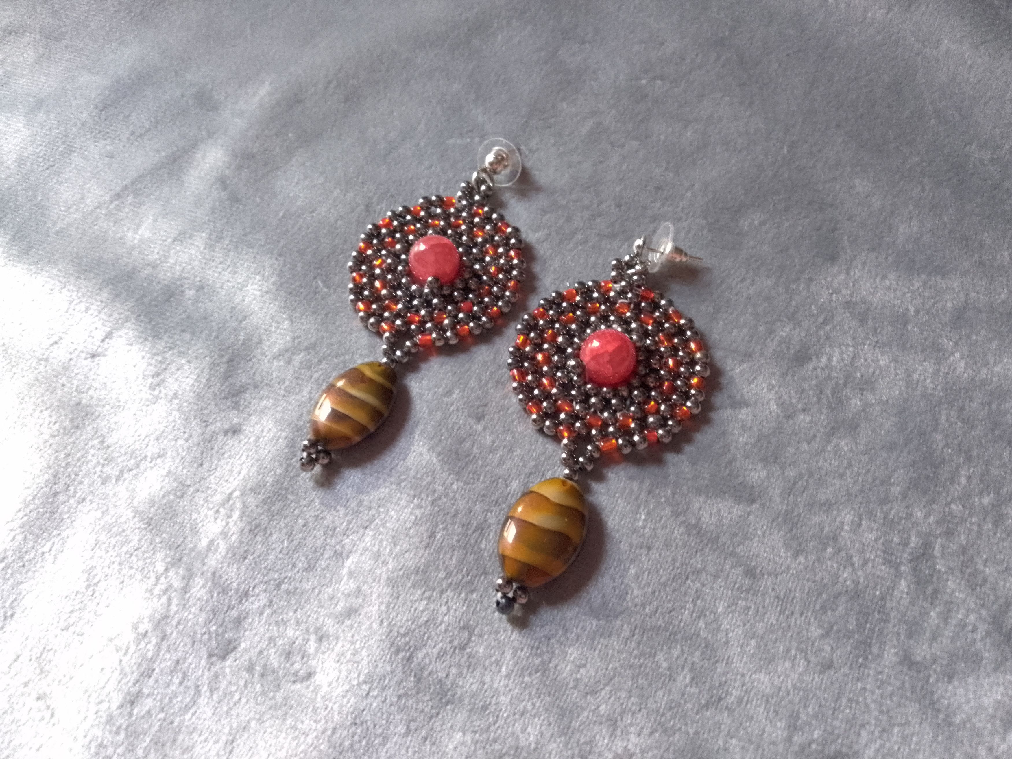 Handmade Earrings Vintage brass Long Red agate+eye of tiger gemstones Size ONE SIZE - 6 Thumbnail