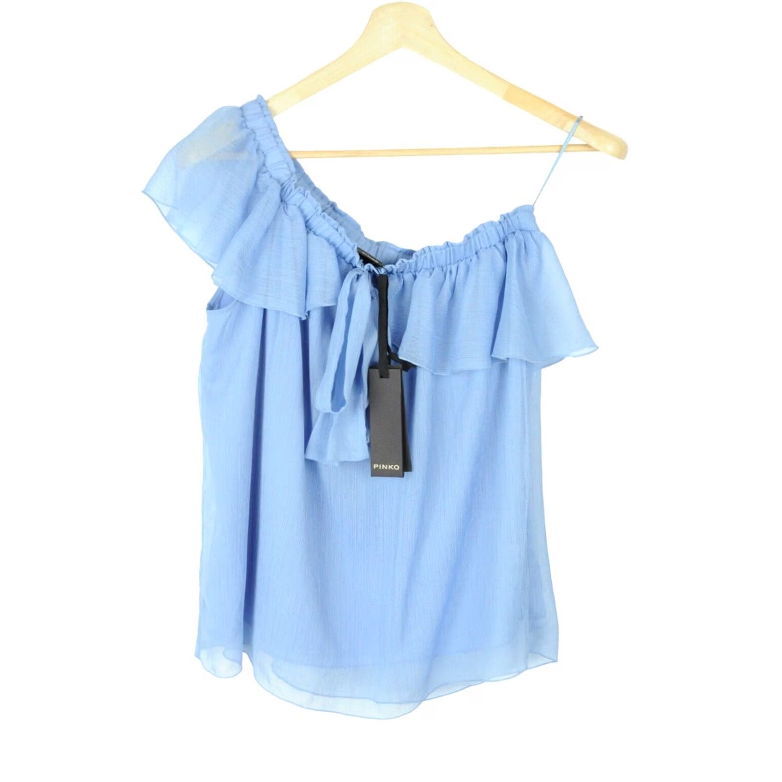Pinko Pinko Blouse Women Sleeveless Off Shoulder Elastic Ruffle Blue UK 12 Shirt Casual Comfortable Regular Blue Wool Not Specified Size XL / US 12-14 / IT 48-50 - 2 Thumbnail
