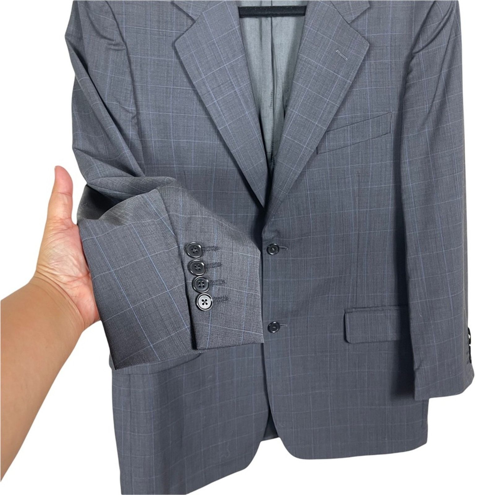 Barneys New York Barneys New York Grid Print Wool 2 Button Blazer Gray 40 S Size 40S - 4 Thumbnail
