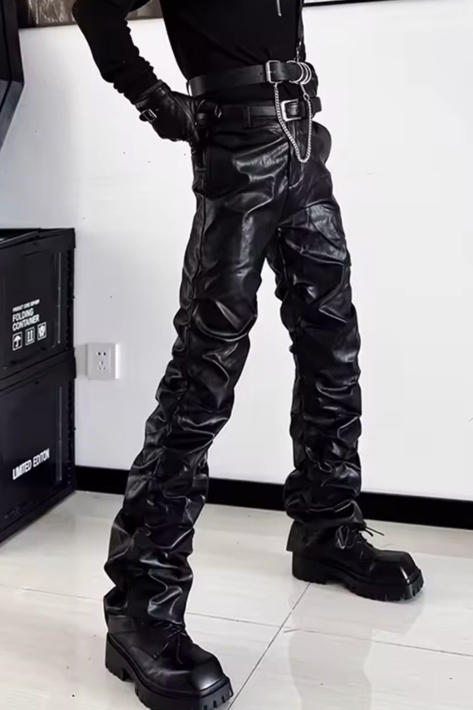 Vintage Black Faux Leather Wide Leg Stacked Jeans, Opium Jeans Size US 30 / EU 46 - 3 Thumbnail