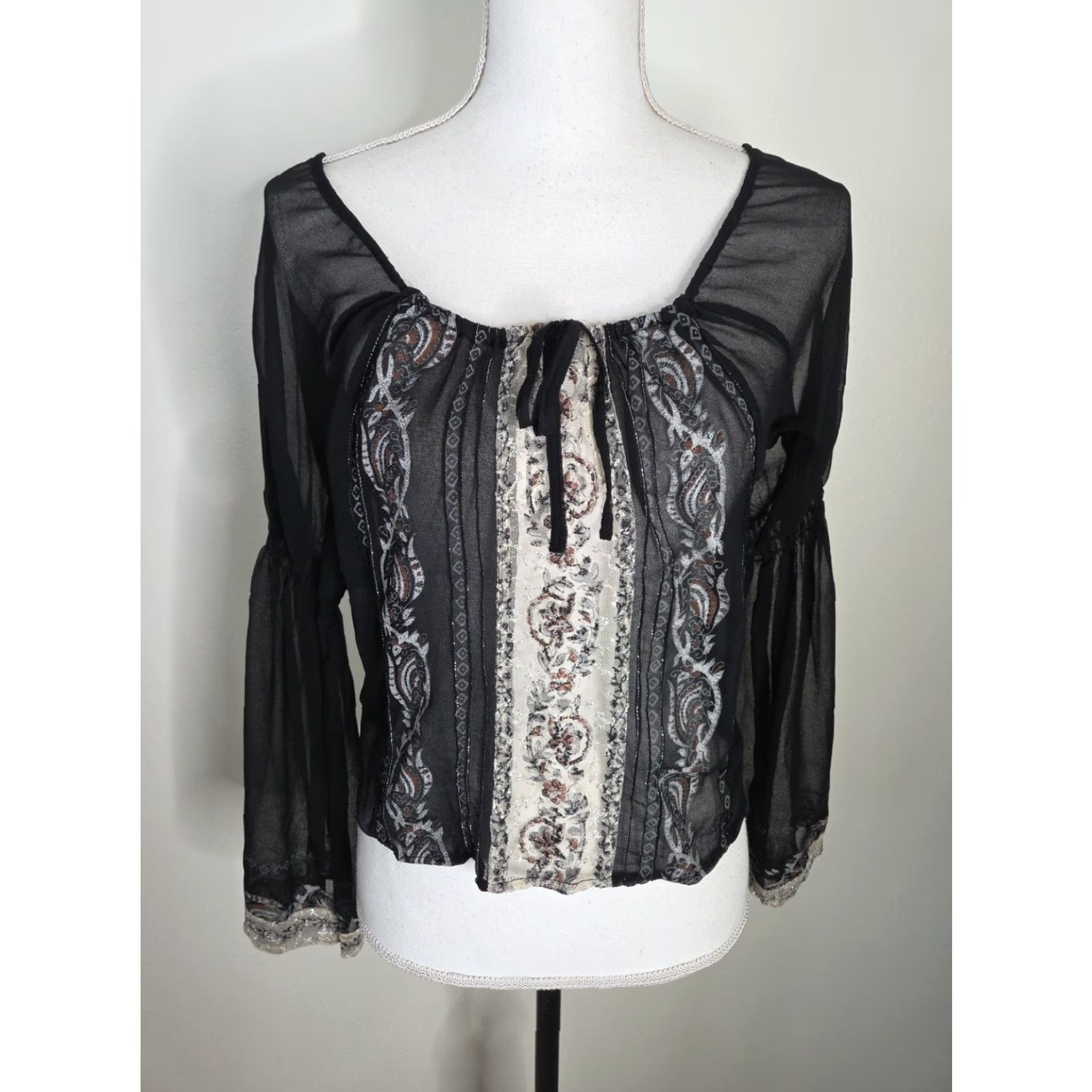 Vintage VINTAGE VERO MODA Blouse Shirt Womens Small Black Paglish Paisley Witchy Bohemian Sheer Bell Sleeve Top Blouse Size S / US 4 / IT 40 - 2 Thumbnail