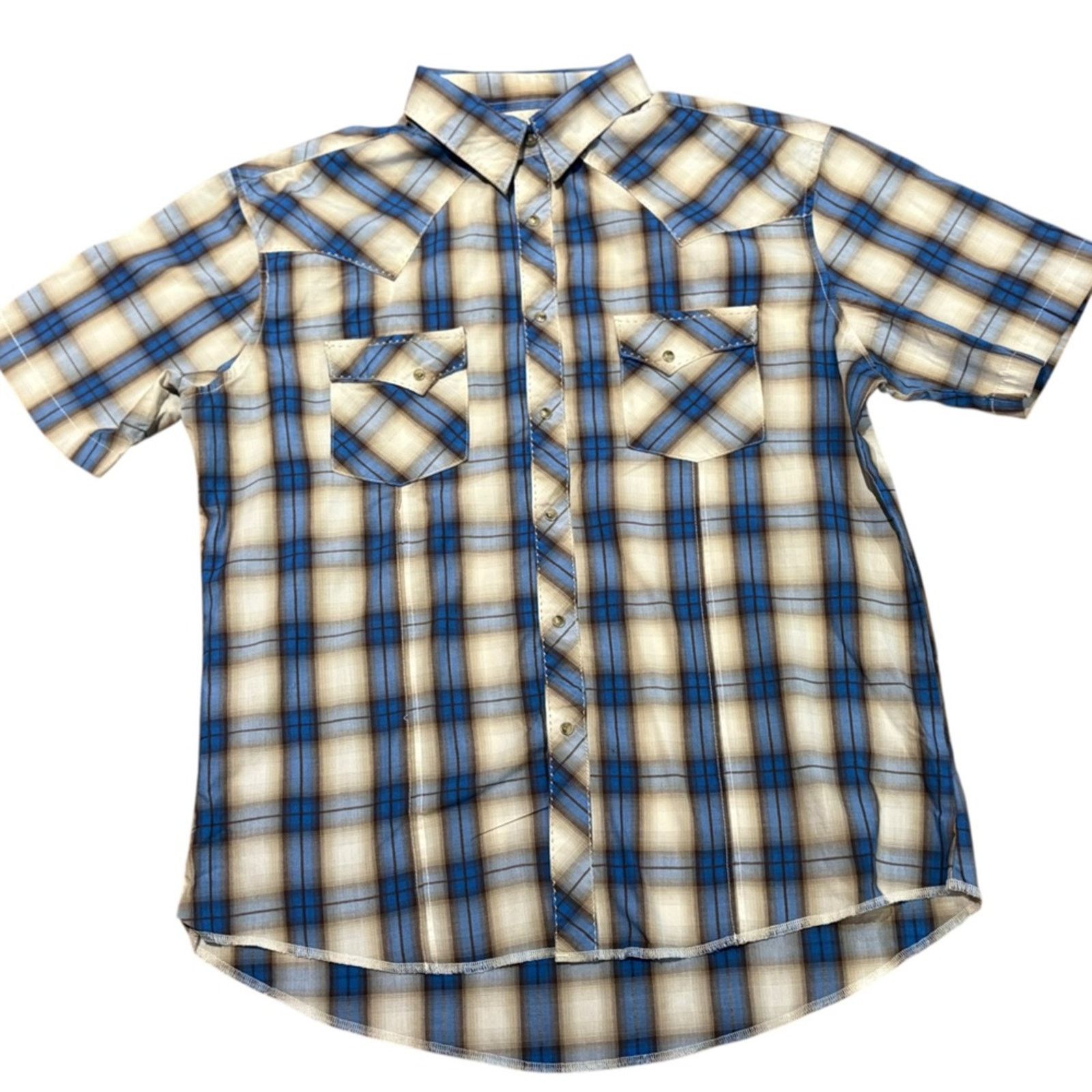 Wrangler Wrangler Blue & Brown Plaid Pearl Snap Short Sleeve Shirt XL Size US XL / EU 56 / 4 - 1 Thumbnail