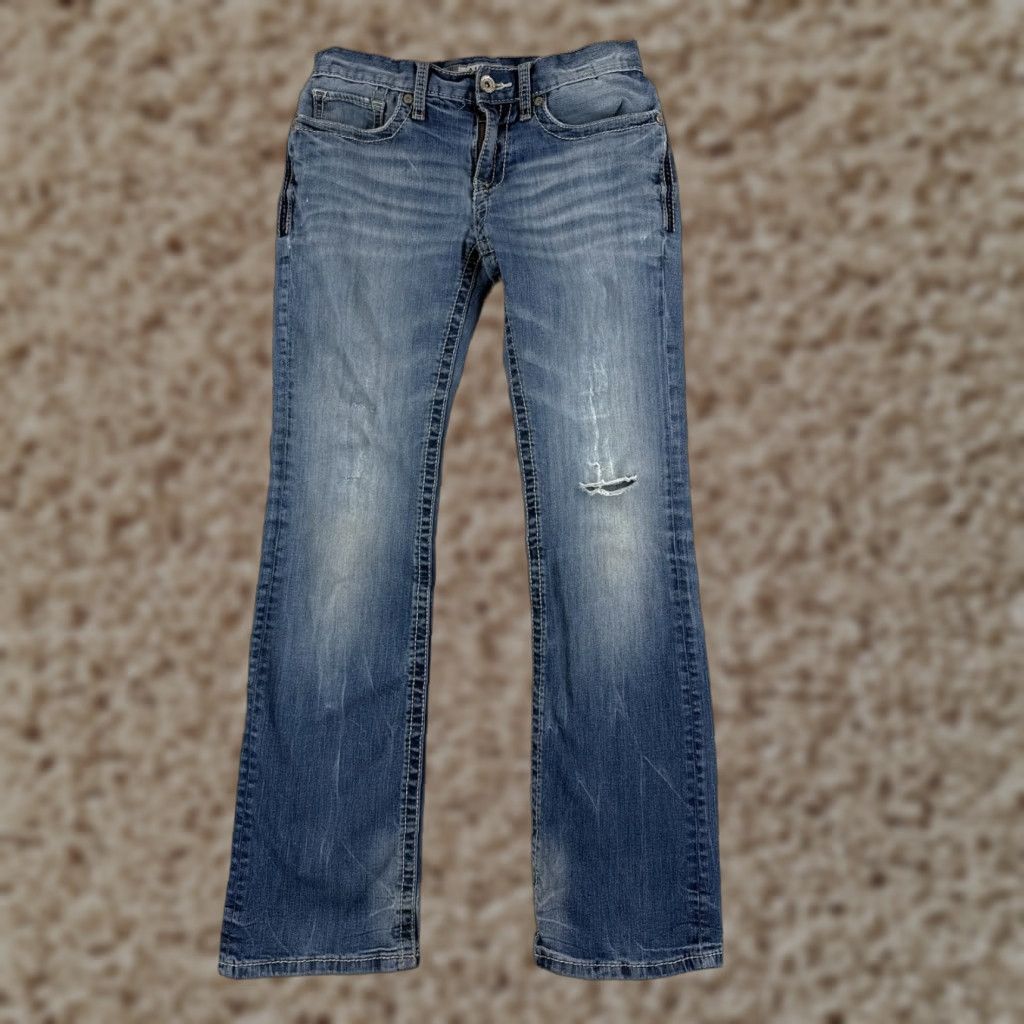 BKE Jeans Mens 30 Blue Denim Aiden Buckle Embroidered Bootcut Distressed 28x31 Mens Jeans Fit Regular Jeans Vintage: No