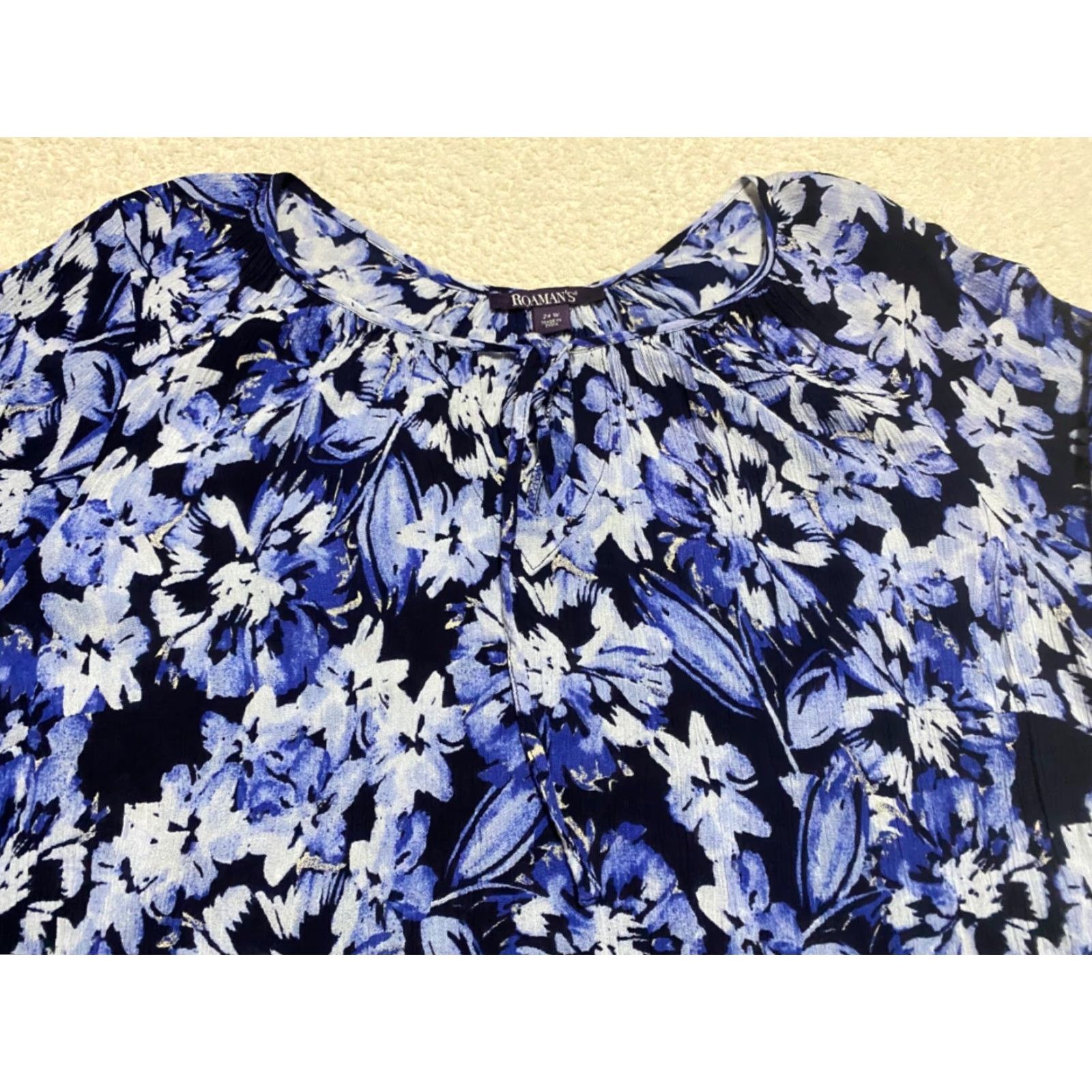 Vintage Roaman's Womens Blouse Shirt 24W Plus Blue Floral 3/4 Sleeve V-Neck Rayon Size 4XL / US 24-26 - 3 Thumbnail
