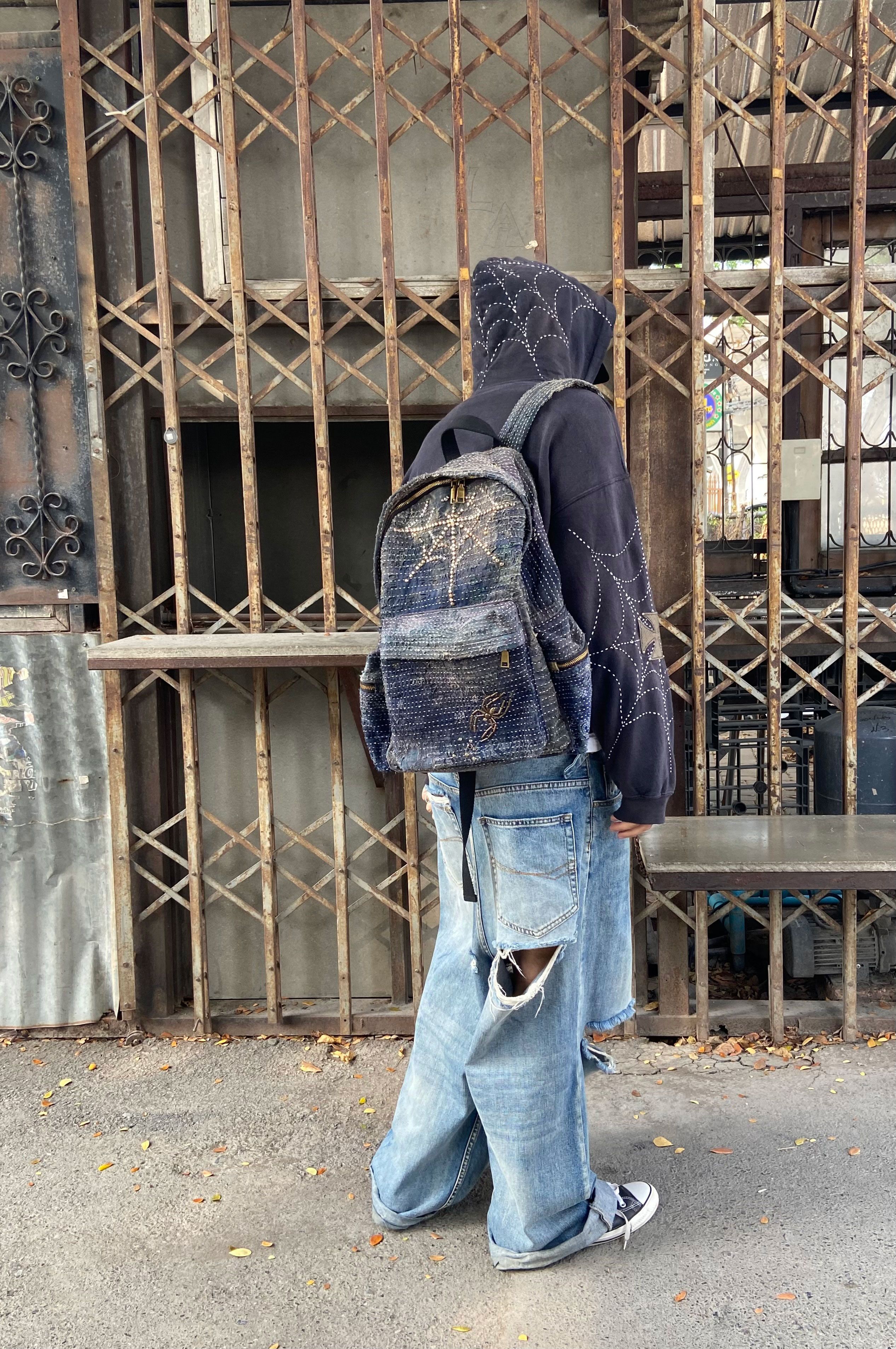 Japanese Brand BORO SASHIKO Studded Spider Web Backpack 🕷️🕸️ Size ONE SIZE - 6 Thumbnail