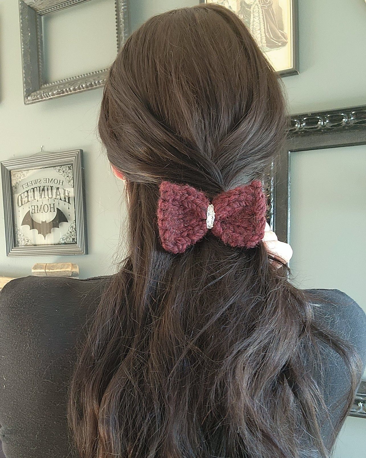 Handmade Hand Knit Hair Bow on Clip, Dark Red with Vintage White Lace Size ONE SIZE - 1 Thumbnail