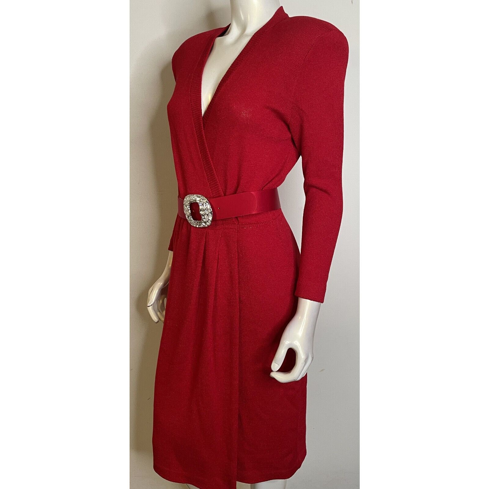 St. John VTG St John Bright Red Wrap V Neck Dress 4 Rhinestone Belt Size S / US 4 / IT 40 - 5 Thumbnail