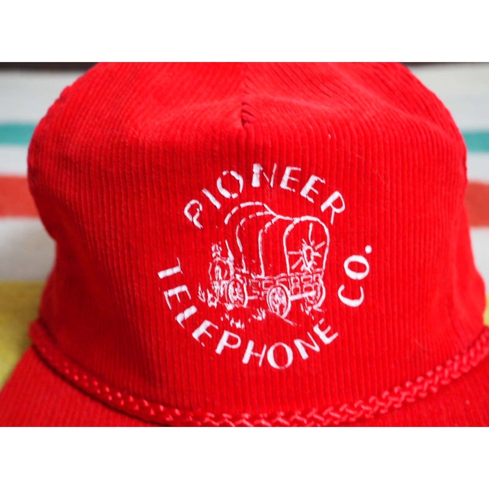 Vintage VTG 70s 80s Pioneer Telephone Co Red Corduroy Trucker Strapback Hat Cap OSFM EUC Size ONE SIZE - 4 Thumbnail