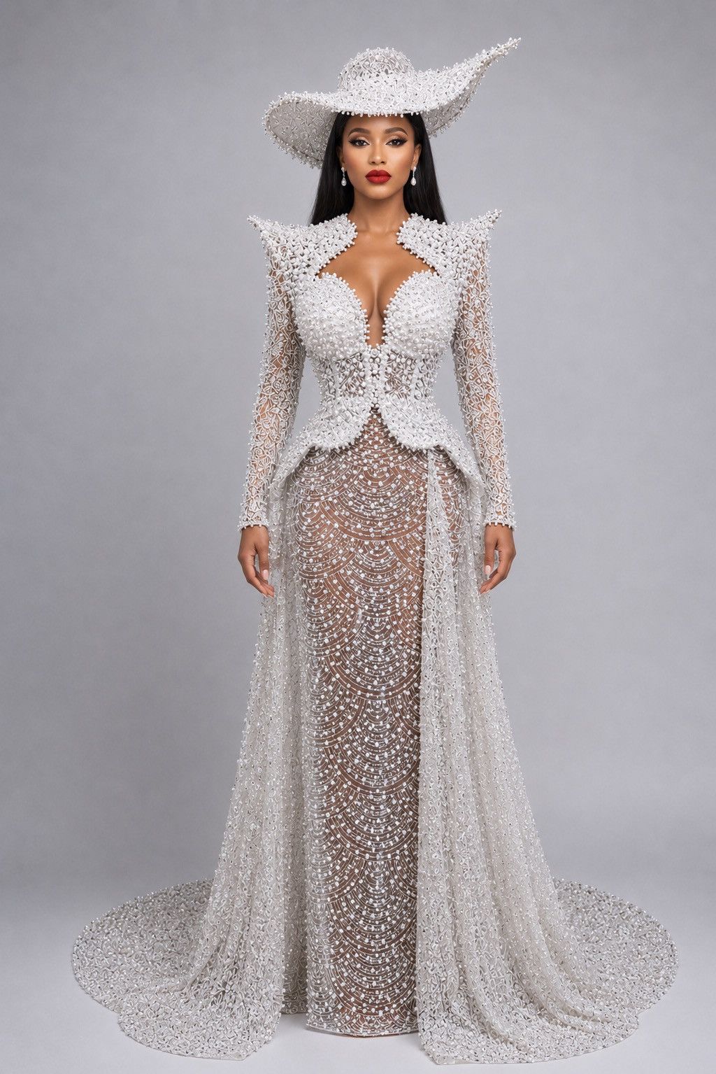 Other Luxury Pearl Gown & Crystal Hat Custom Made Haute Couture Size L / US 10 / IT 46 - 1 Thumbnail