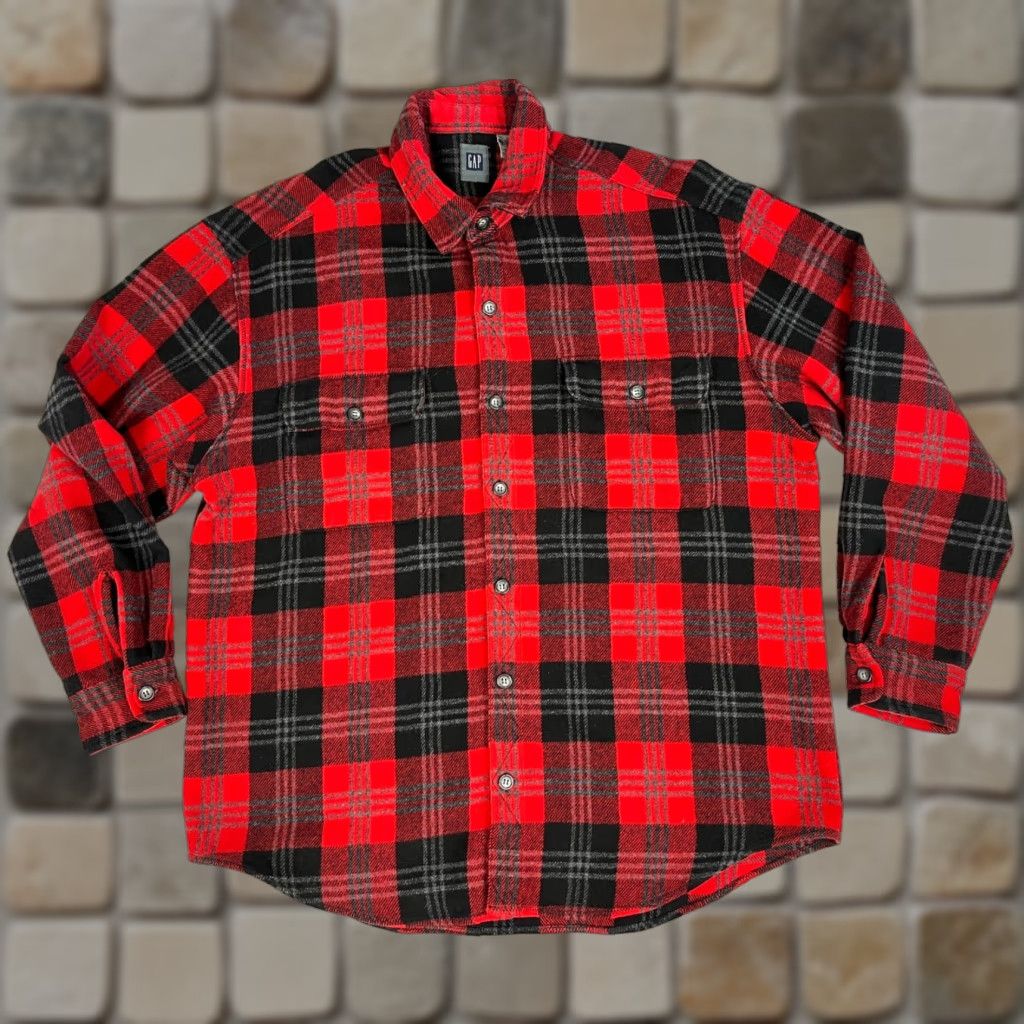 Gap VINTAGE Gap Men’s 90s Buffalo Plaid Button-Up Wool Blend Shirt L Red Plaid Parts Pockets 100% Wool? Size US L / EU 52-54 / 3 - 1 Thumbnail