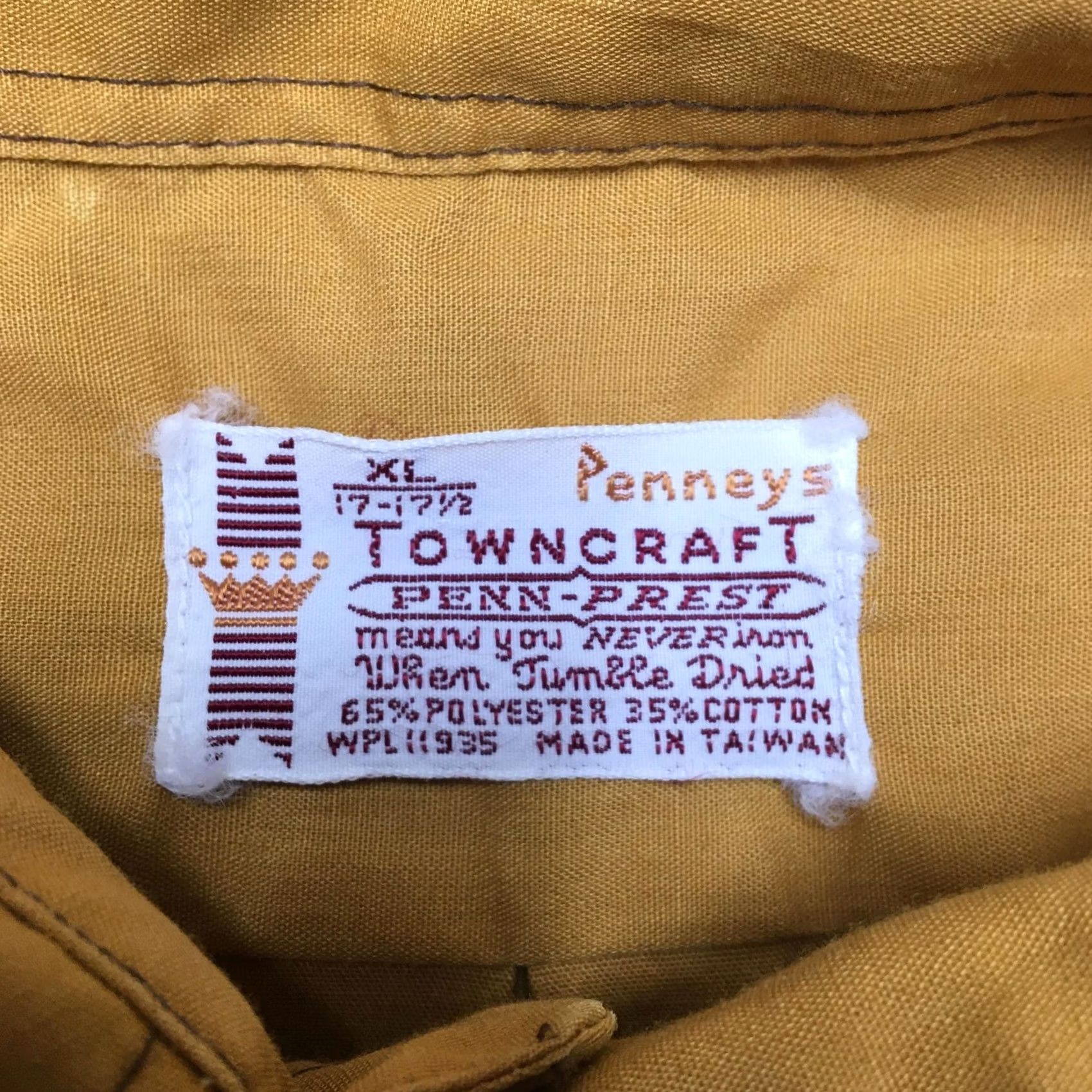 Vintage VTG Towncraft Dress Shirt Mens XL 17.5 Yellow Penn-Prest 70s Button Up Penneys Size 46R - 4 Thumbnail