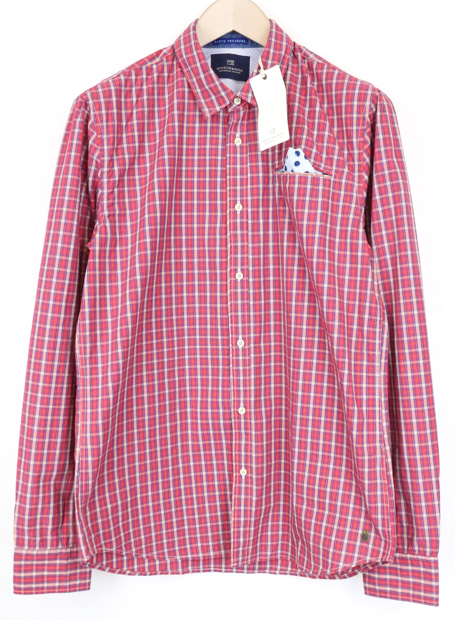Scotch & Soda AMS COUTURE L Red Cotton Checked Pocket Shirt 76122 Size US L / EU 52-54 / 3 - 1 Thumbnail