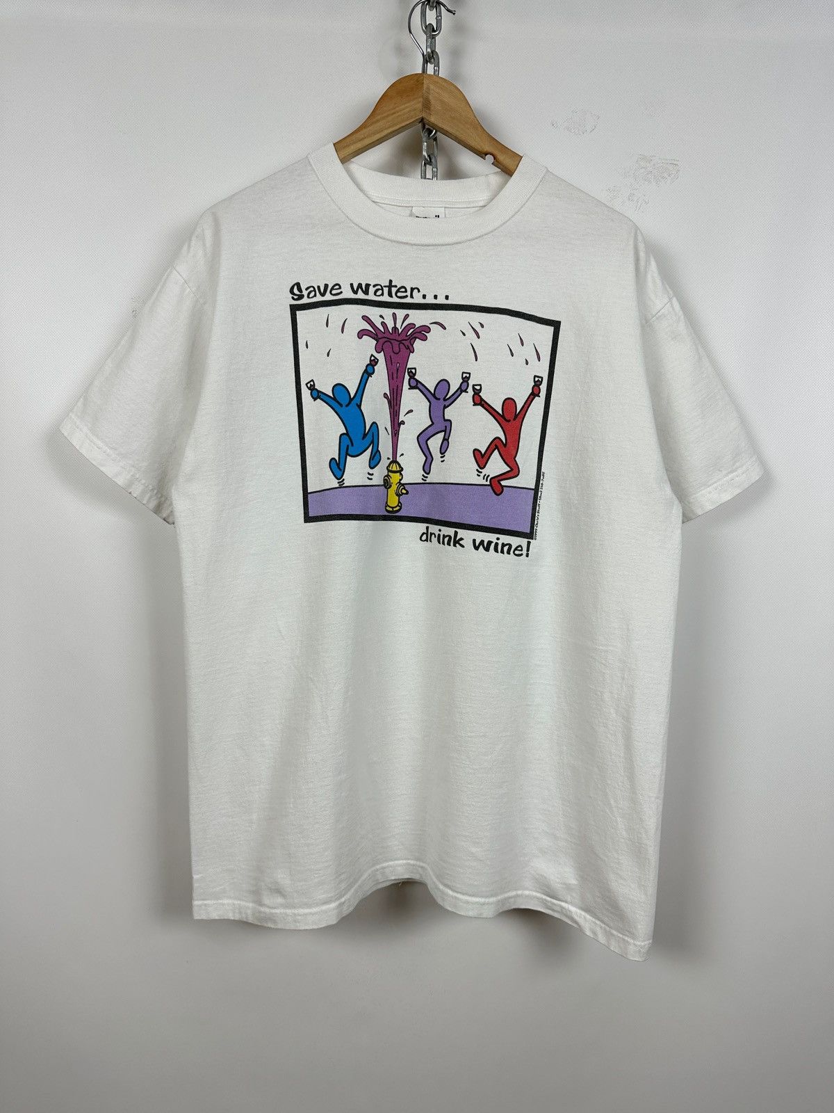 Keith Haring 1999 Vintage Keith Haring Save Water Drink Wine Art T-Shirt Size US L / EU 52-54 / 3 - 2 Thumbnail